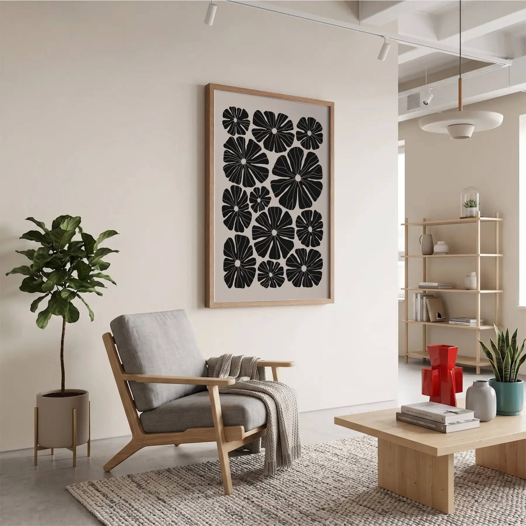 Monokrom Soyut Çiçek Doğal Ahşap Çerçeveli Tablo Bohem Modern Sanat İç Mekan Yatak