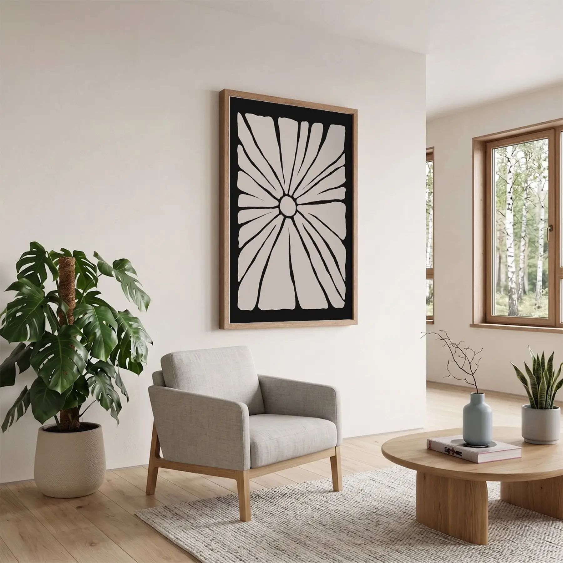 Minimalist Bej Güneş Çiçeği Doğal Ahşap Çerçeveli Tablo Dekoratif Obje Ev Aksesuarları Modern