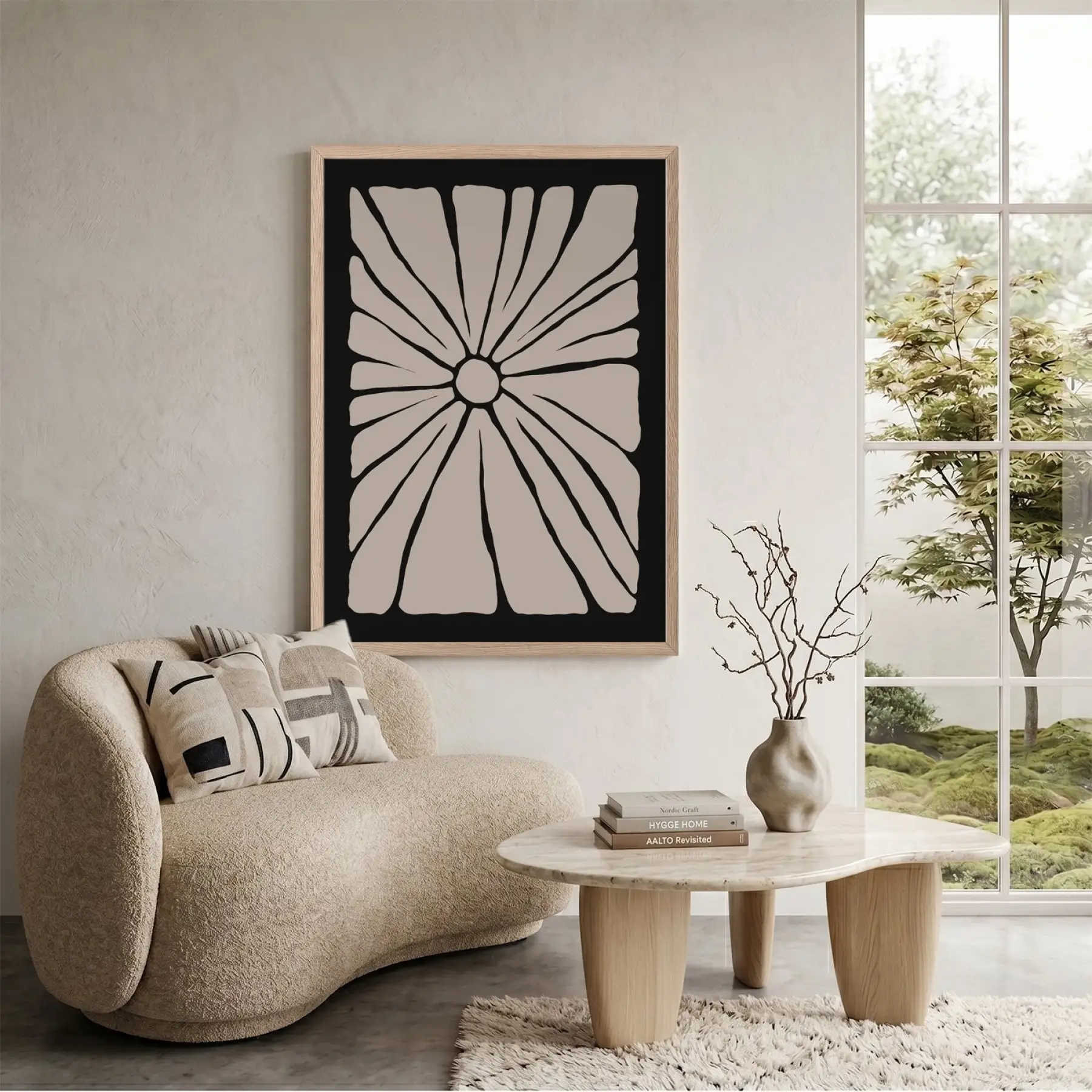Minimalist Bej Güneş Çiçeği Doğal Ahşap Çerçeveli Tablo Dekoratif Obje Ev Aksesuarları Modern
