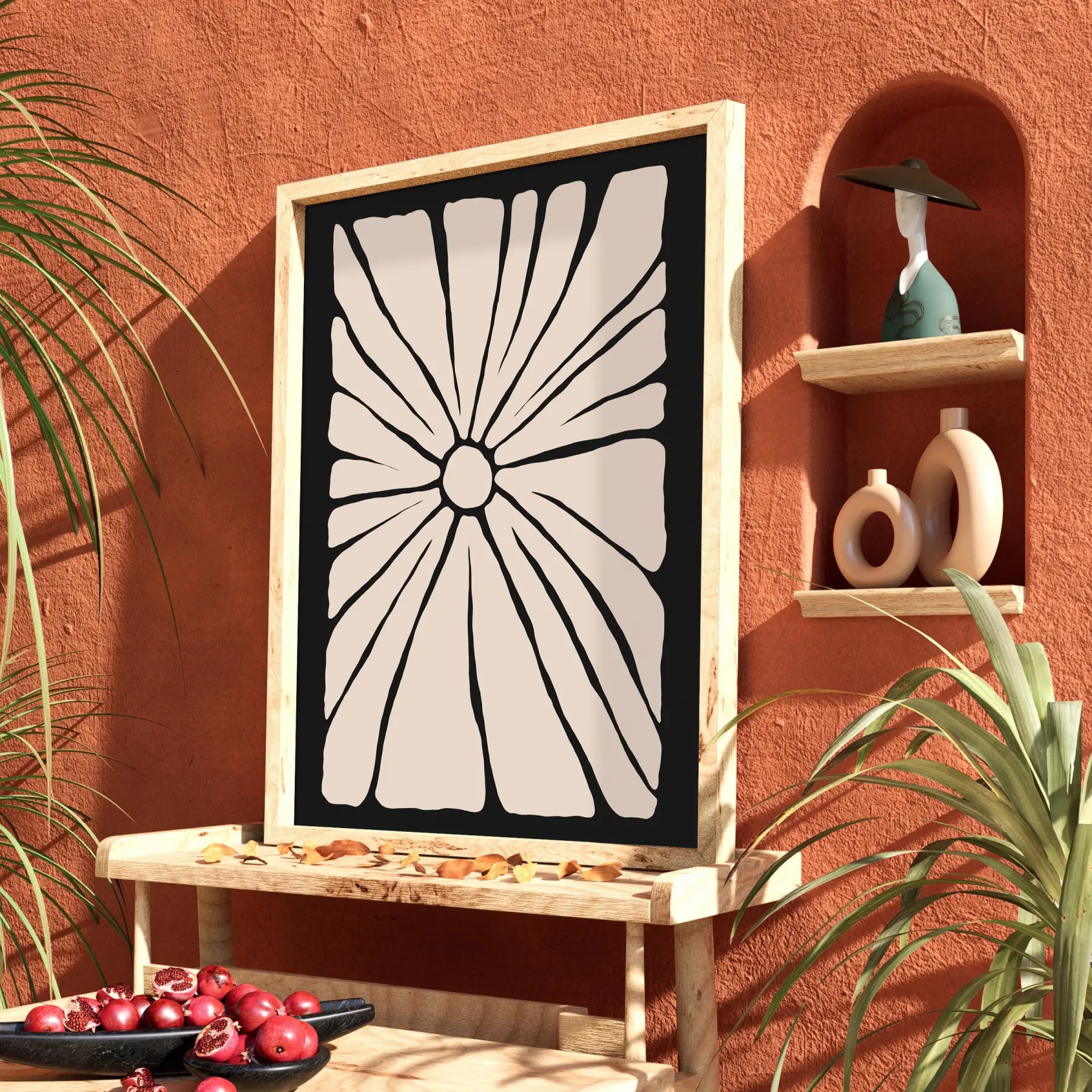 Minimalist Bej Güneş Çiçeği Doğal Ahşap Çerçeveli Tablo Dekoratif Obje Ev Aksesuarları Modern