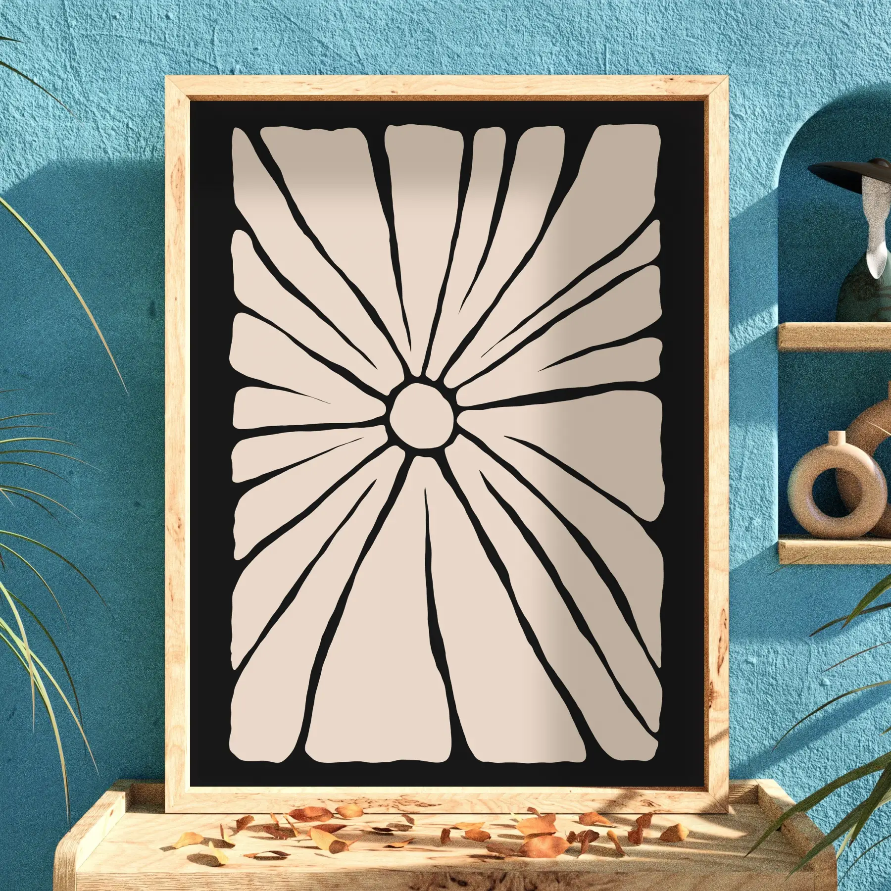 Minimalist Bej Güneş Çiçeği Doğal Ahşap Çerçeveli Tablo Dekoratif Obje Ev Aksesuarları Modern