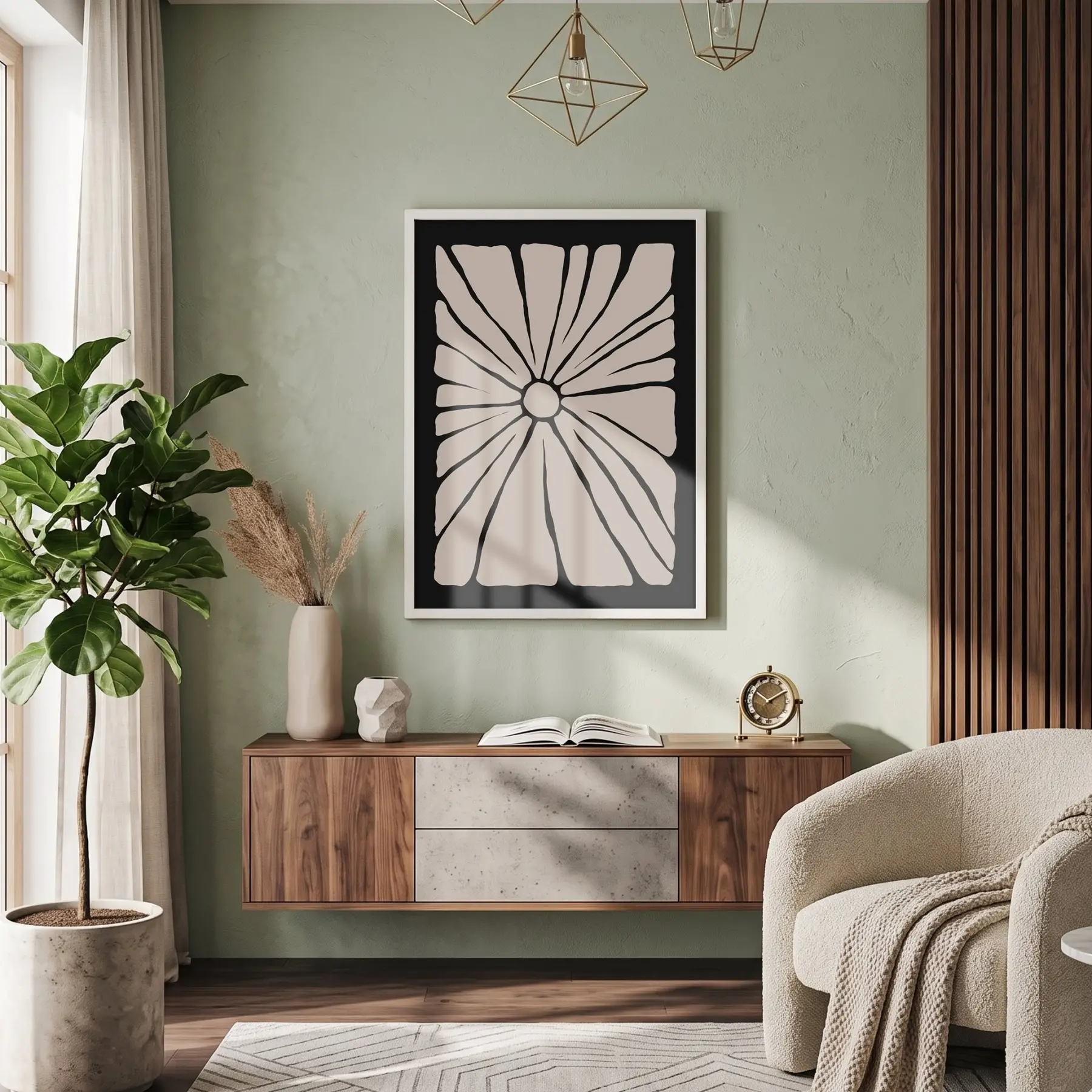 Minimalist Bej Güneş Çiçeği Beyaz Ahşap Çerçeveli Tablo Aksesuarları Modern Sanat İç Mekan