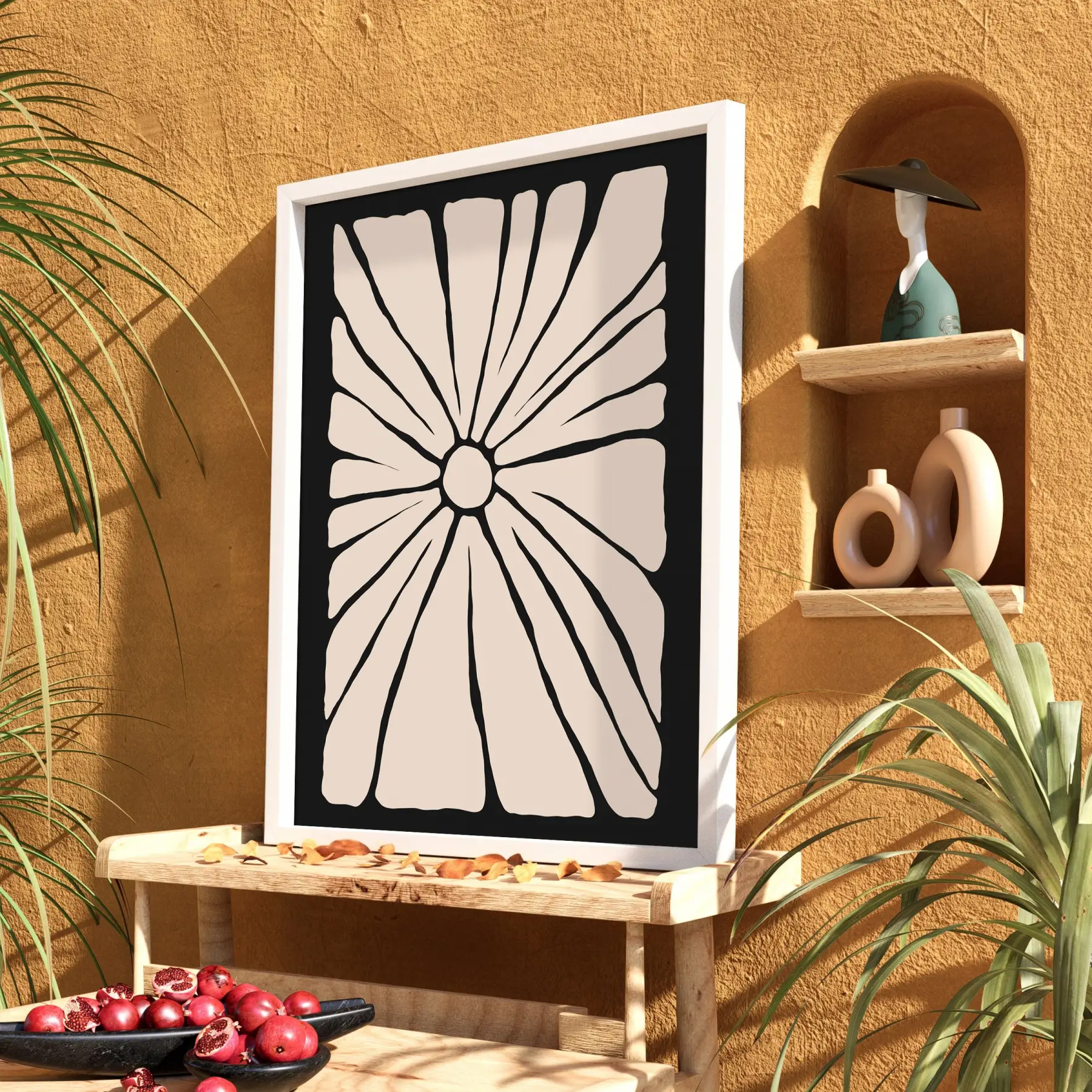 Minimalist Bej Güneş Çiçeği Beyaz Ahşap Çerçeveli Tablo Aksesuarları Modern Sanat İç Mekan