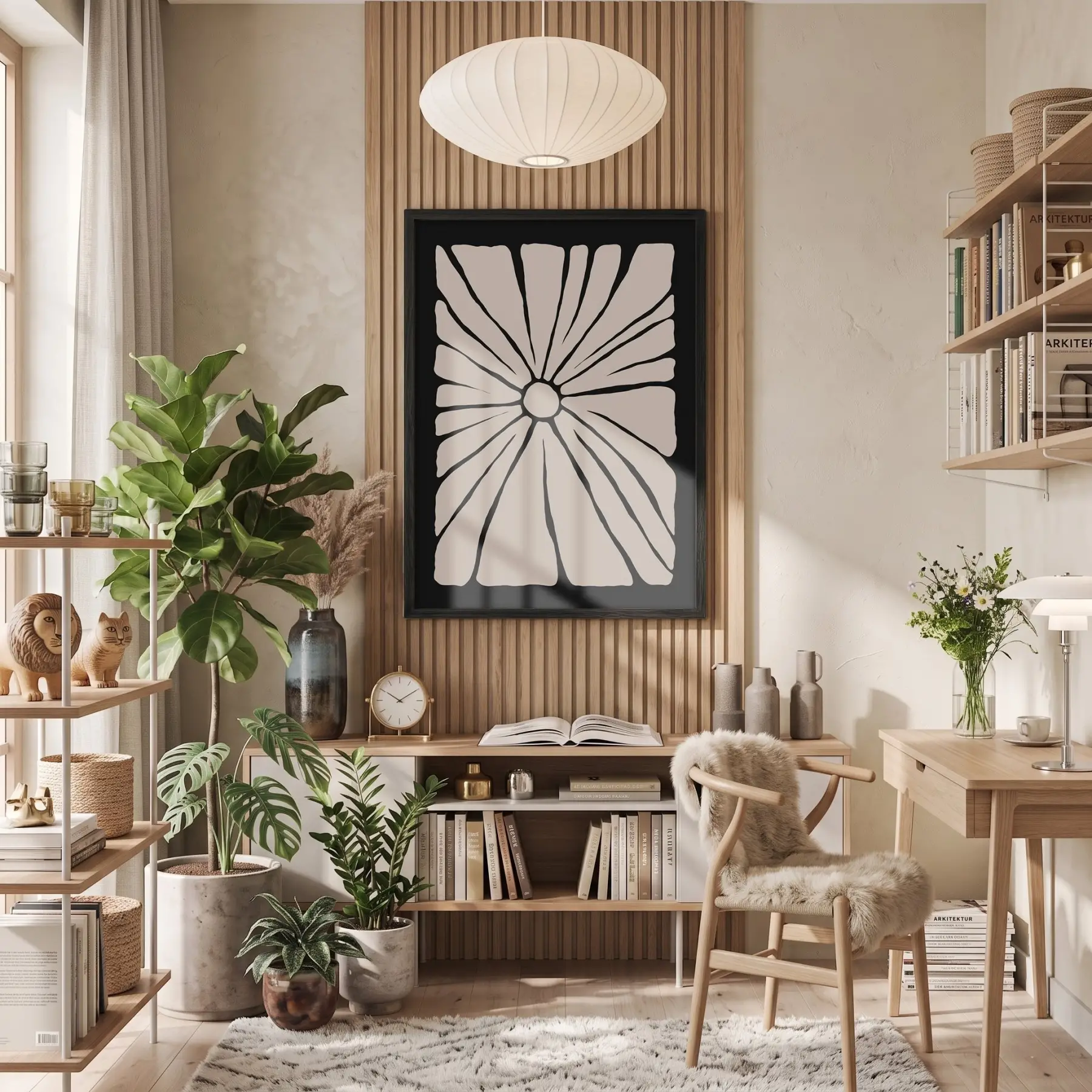 Minimalist Bej Güneş Çiçeği Siyah Ahşap Çerçeveli Tablo Dekoru Poster Obje Ev Aksesuarları