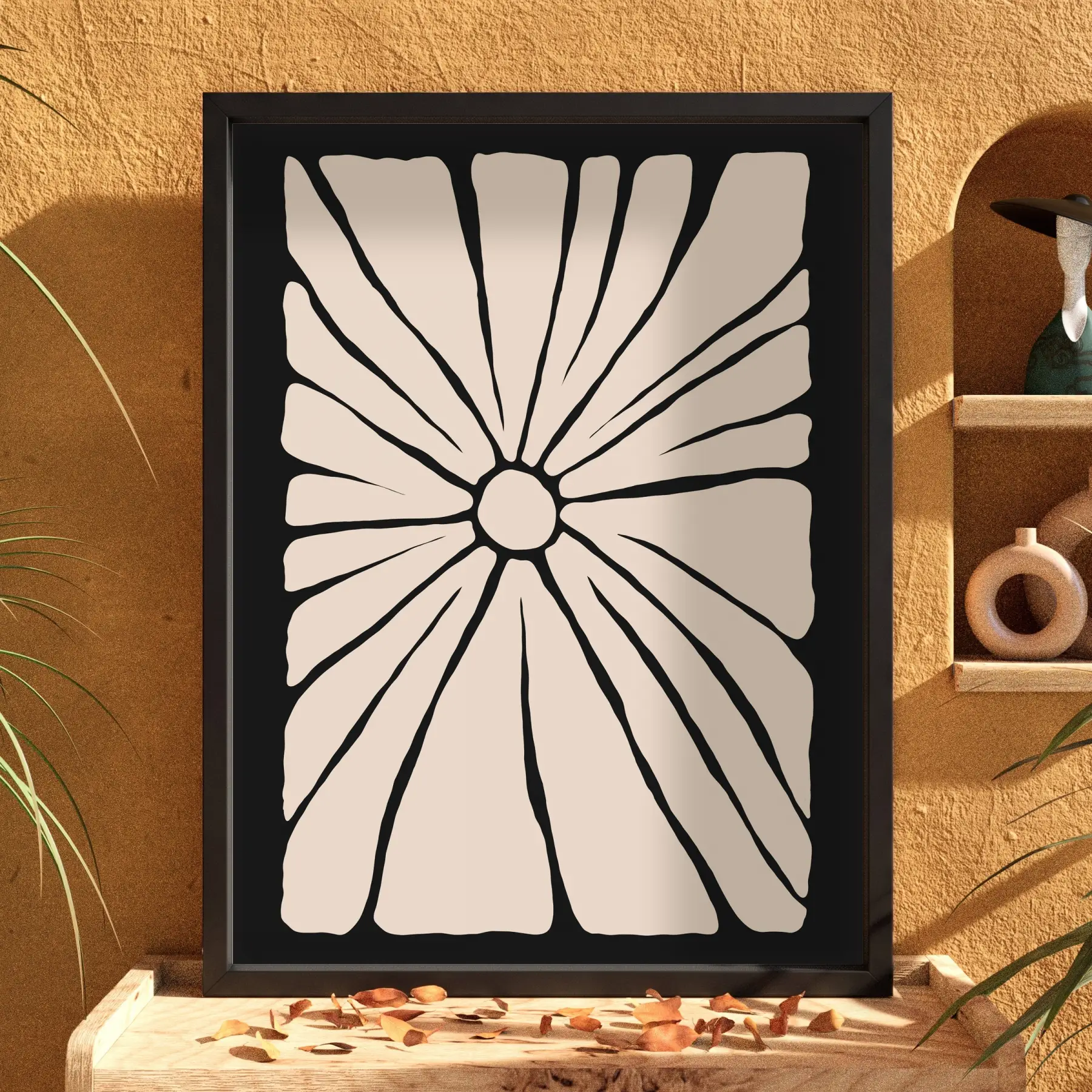 Minimalist Bej Güneş Çiçeği Siyah Ahşap Çerçeveli Tablo Dekoru Poster Obje Ev Aksesuarları