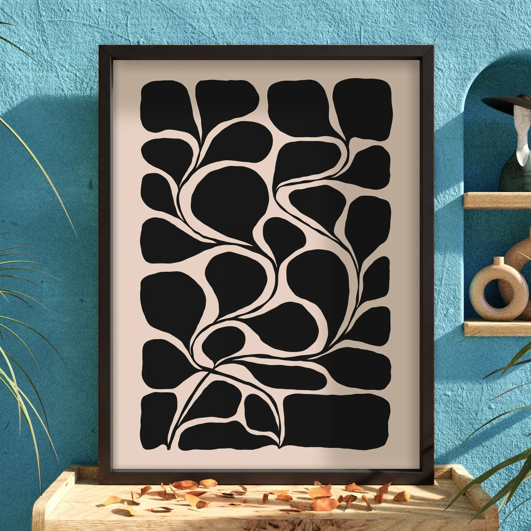 Organik Siyah Dalgalar Ahşap Çerçeveli Tablo Dekoratif Obje Ev Aksesuarları Modern Sanat İç