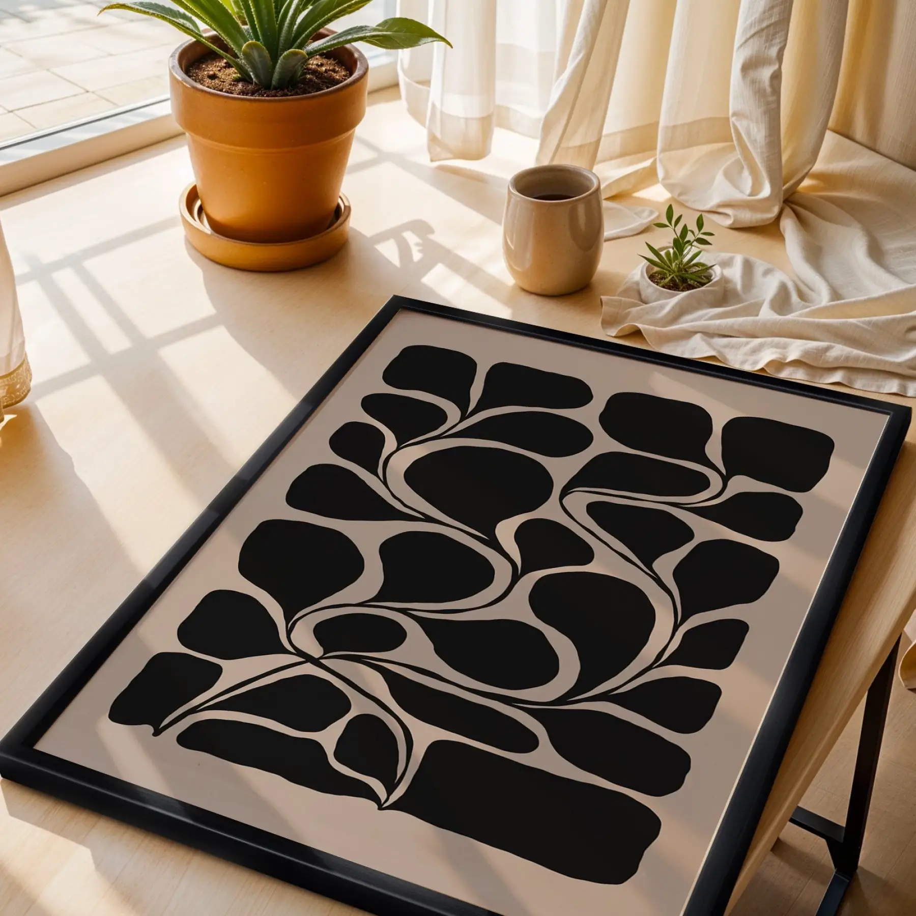 Organik Siyah Dalgalar Ahşap Çerçeveli Tablo Dekoratif Obje Ev Aksesuarları Modern Sanat İç