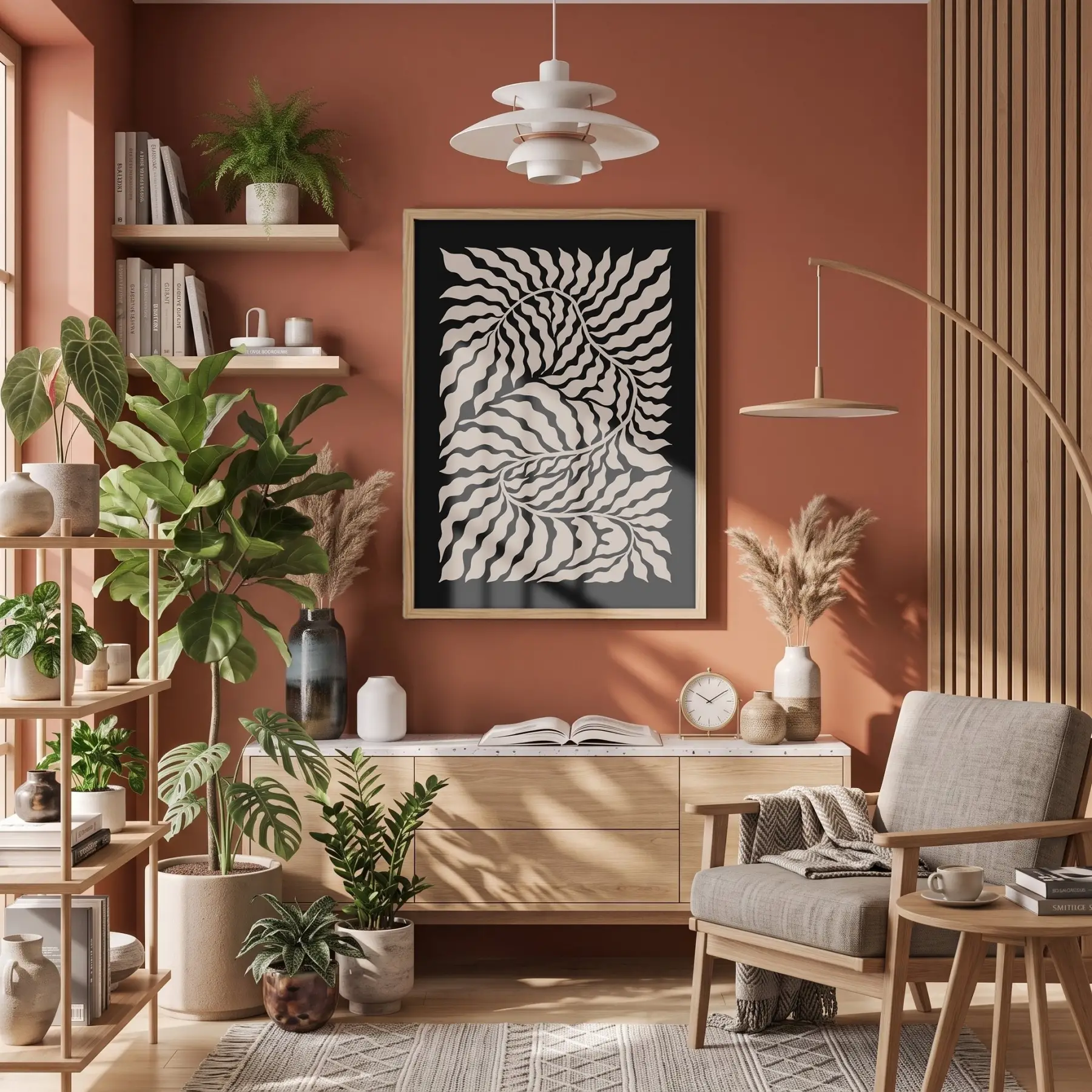 Organik Soyut Bitki Formu Doğal Ahşap Çerçeveli Tablo Ev Aksesuarları Modern Sanat İç