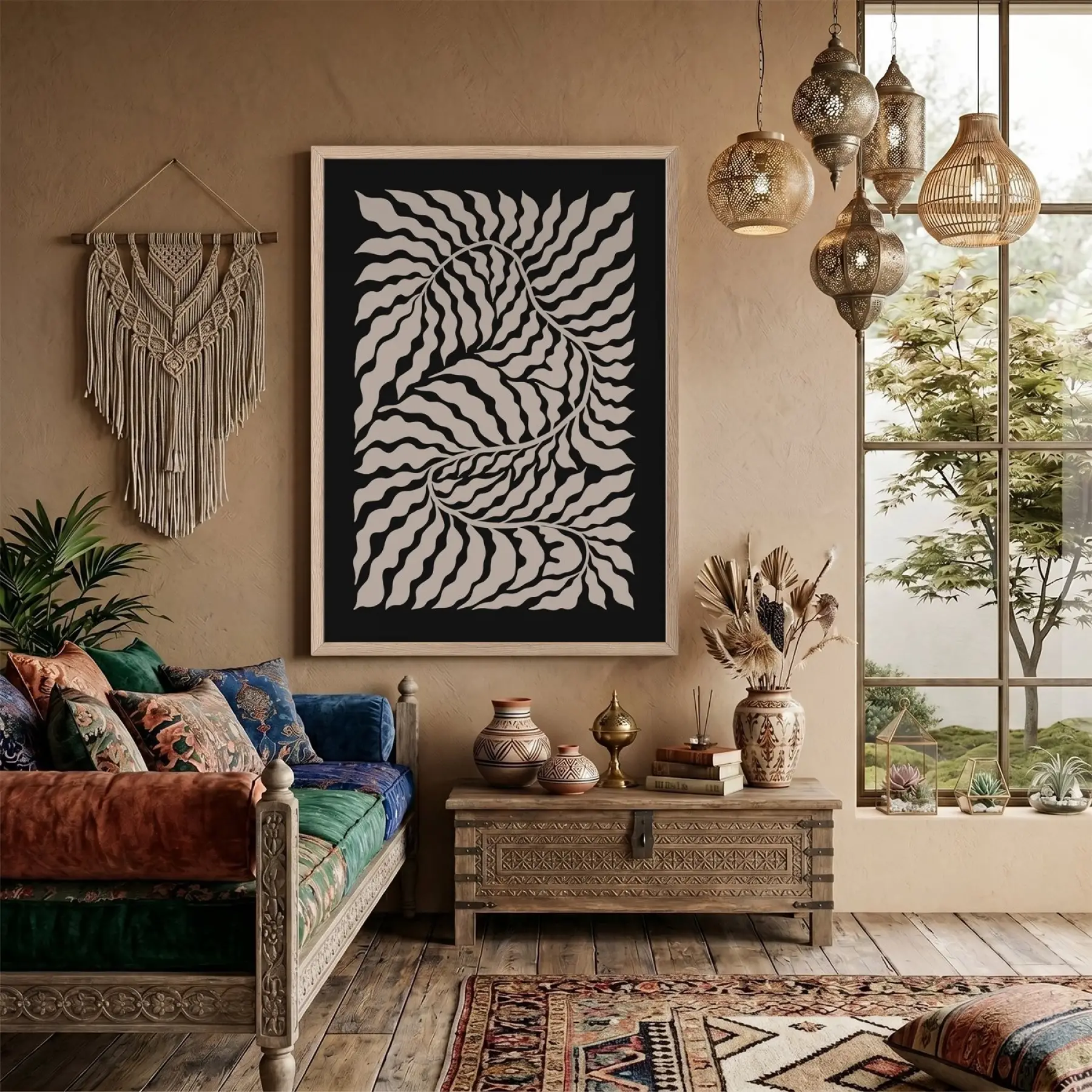 Organik Soyut Bitki Formu Doğal Ahşap Çerçeveli Tablo Ev Aksesuarları Modern Sanat İç