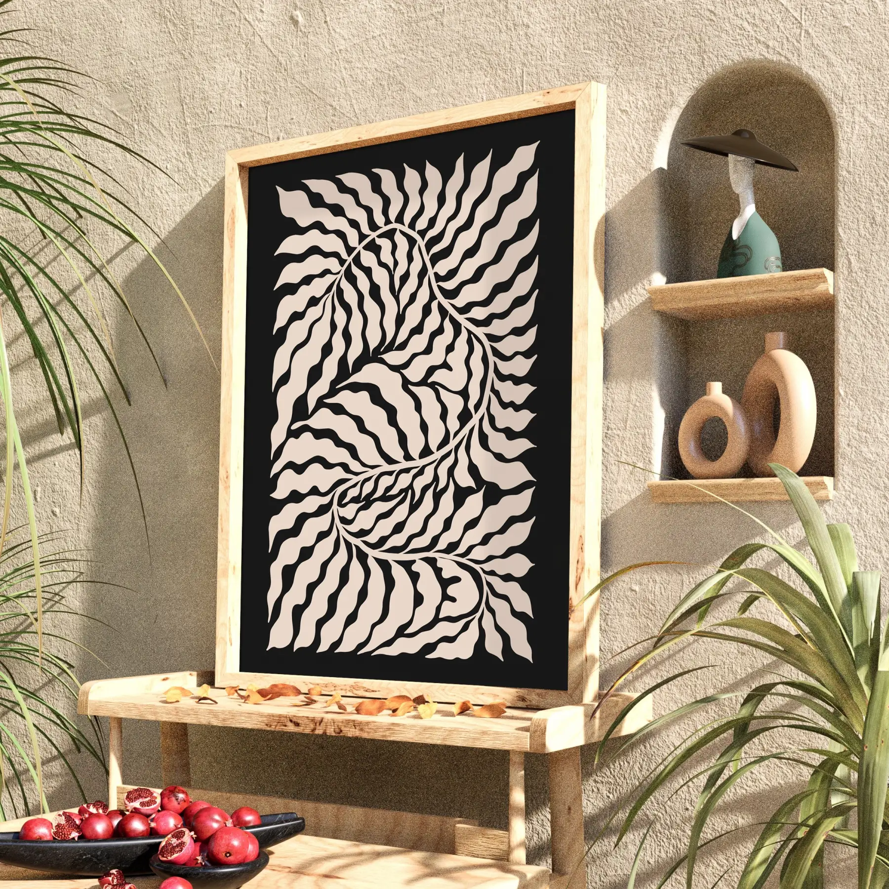 Organik Soyut Bitki Formu Doğal Ahşap Çerçeveli Tablo Ev Aksesuarları Modern Sanat İç
