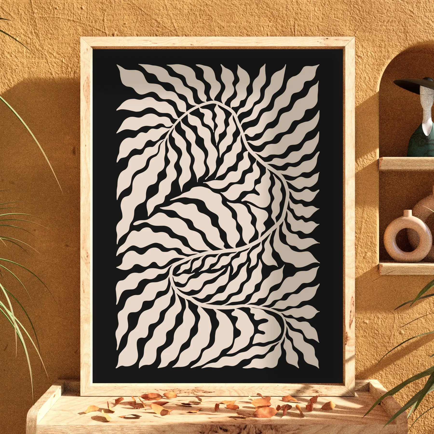 Organik Soyut Bitki Formu Doğal Ahşap Çerçeveli Tablo Ev Aksesuarları Modern Sanat İç