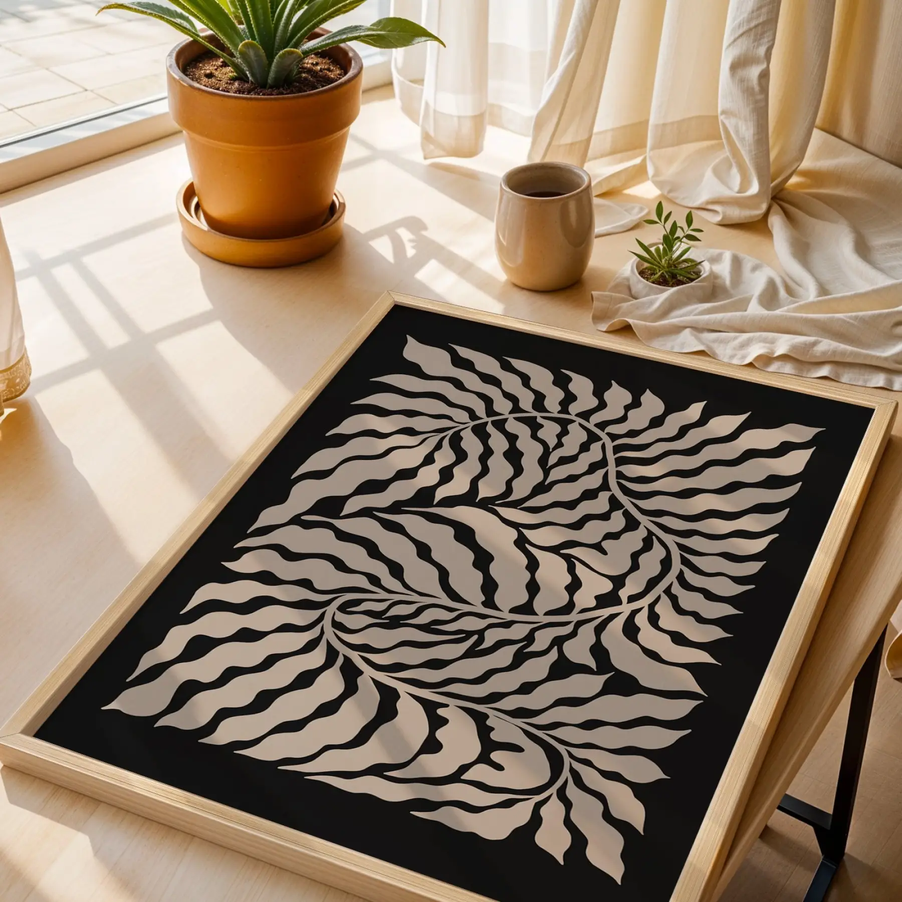 Organik Soyut Bitki Formu Doğal Ahşap Çerçeveli Tablo Ev Aksesuarları Modern Sanat İç