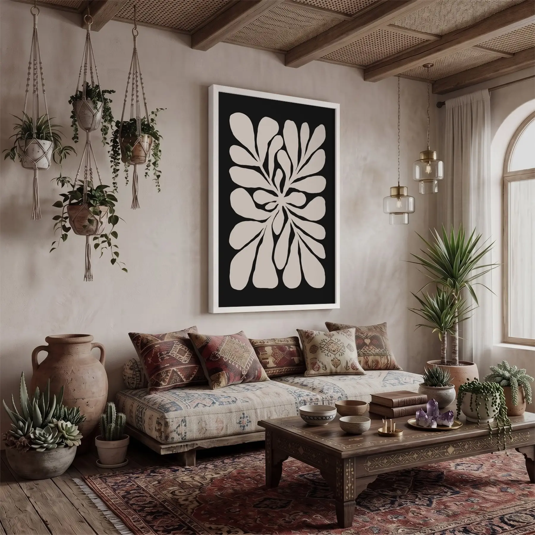 Modern Bej Bitki Formu Beyaz Ahşap Çerçeveli Tablo Oturma Odası Duvar Dekoru Poster