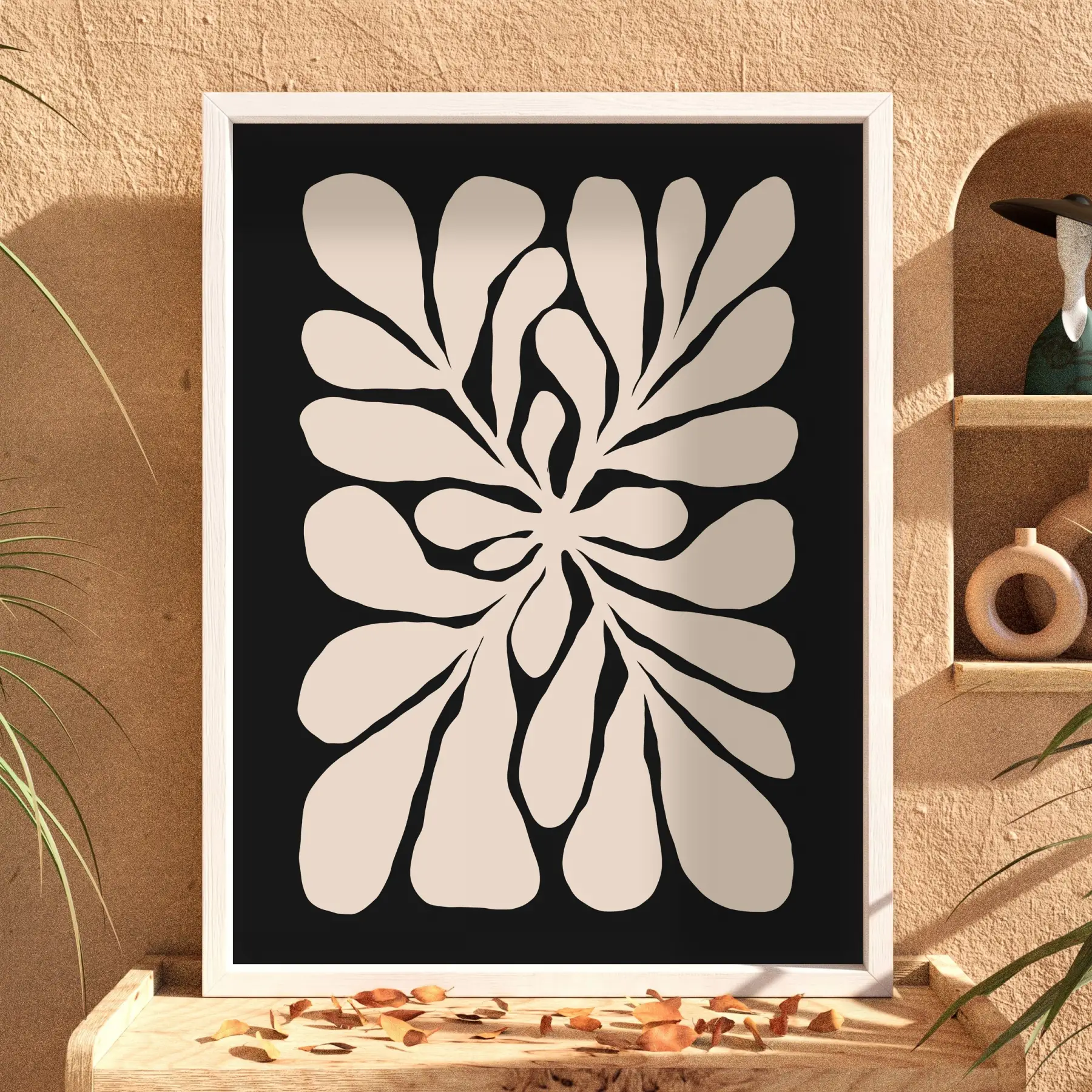 Modern Bej Bitki Formu Beyaz Ahşap Çerçeveli Tablo Oturma Odası Duvar Dekoru Poster