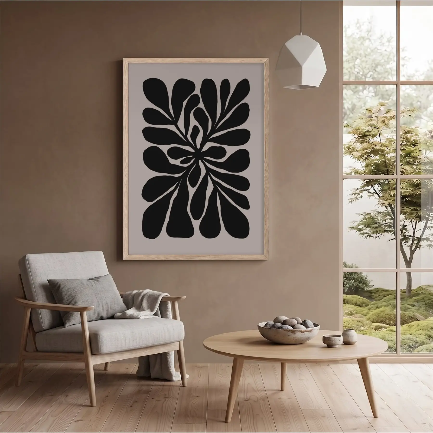 Organik Bej Yaprak Tablosu Doğal Ahşap Çerçeveli Modern Sanat İç Mekan Yatak Koridor