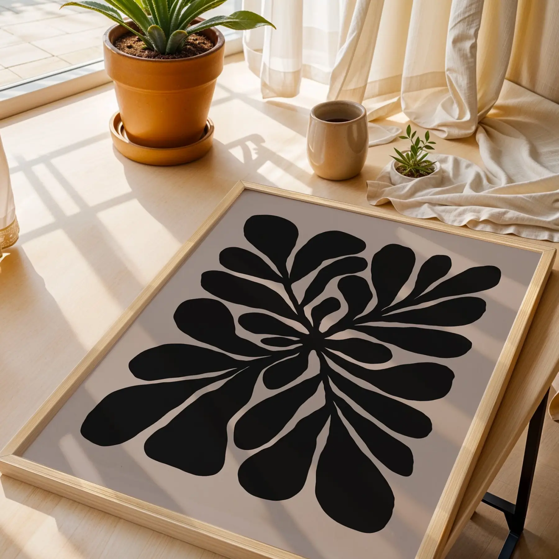Organik Bej Yaprak Tablosu Doğal Ahşap Çerçeveli Modern Sanat İç Mekan Yatak Koridor