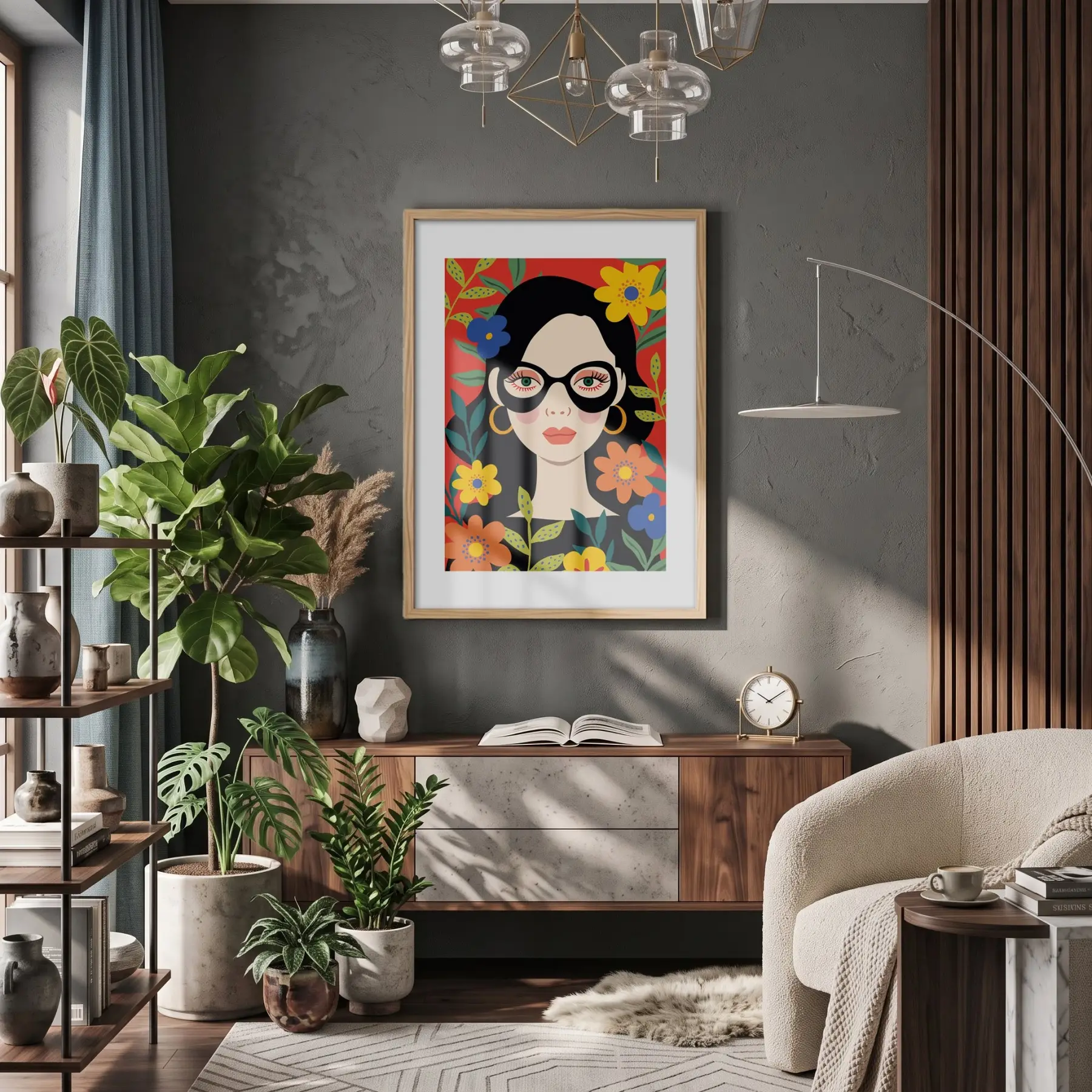 Canlı Çiçekli Kadın Portresi Doğal Ahşap Çerçeveli Tablo Bohem Odası Duvar Dekoru Poster