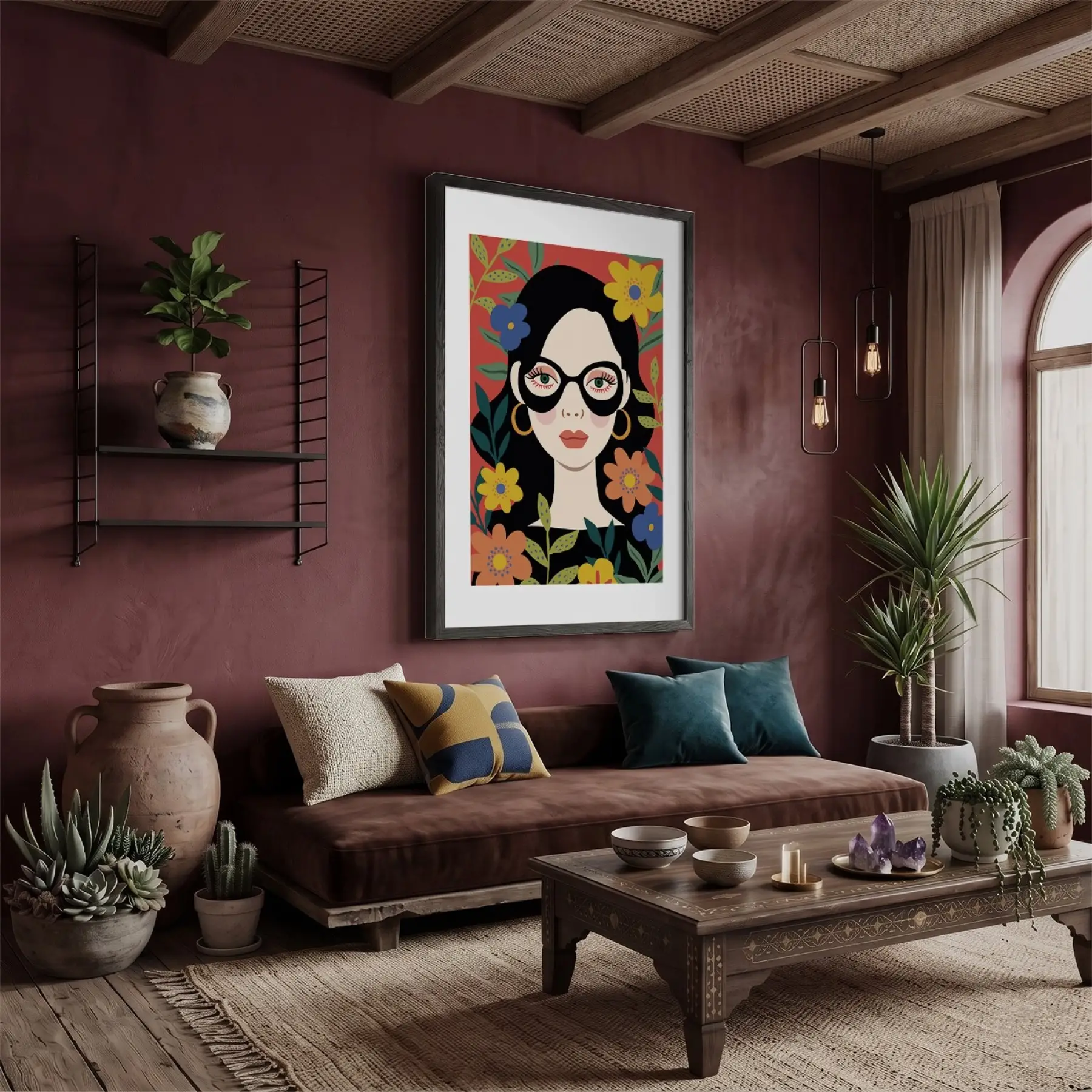 Canlı Çiçekli Kadın Portresi Siyah Ahşap Çerçeveli Tablo Bohem Ev Aksesuarları Modern Sanat