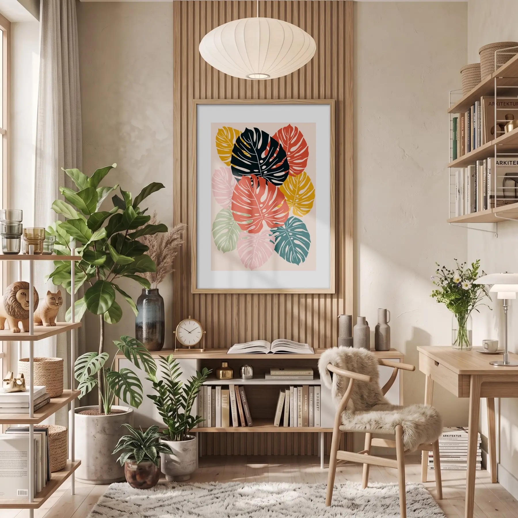 Renkli Soyut Monstera Doğal Ahşap Çerçeveli Tablo Sanat İç Mekan Yatak Koridor Ofis