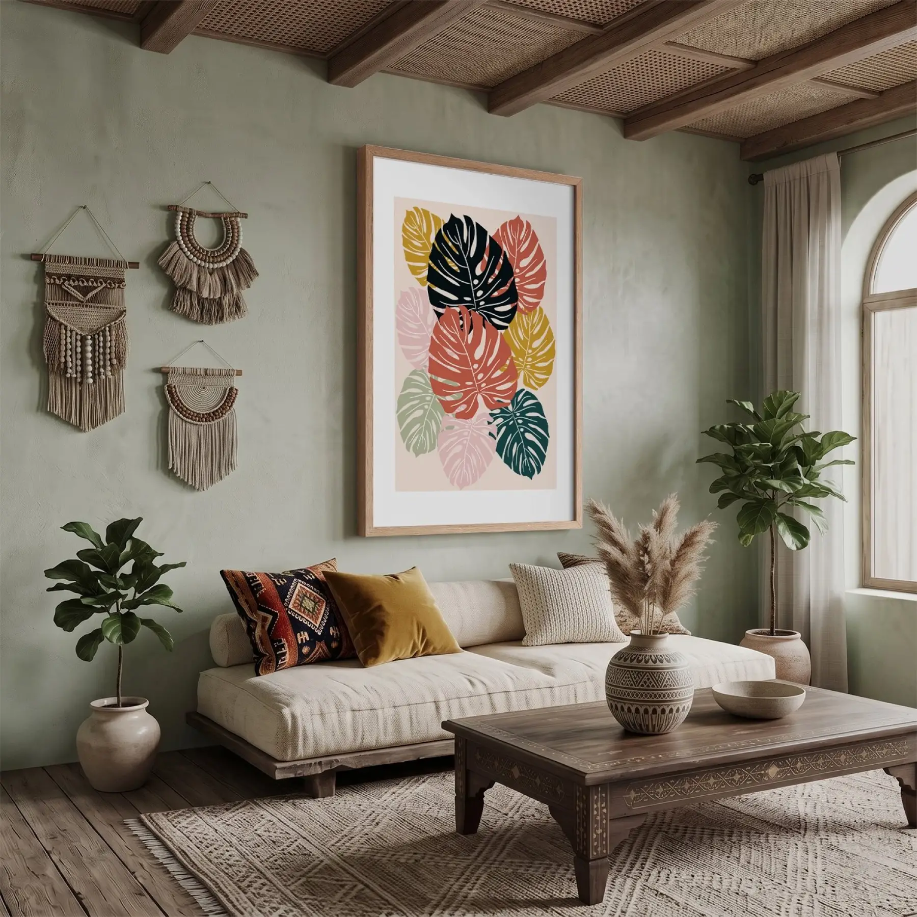 Renkli Soyut Monstera Doğal Ahşap Çerçeveli Tablo Sanat İç Mekan Yatak Koridor Ofis