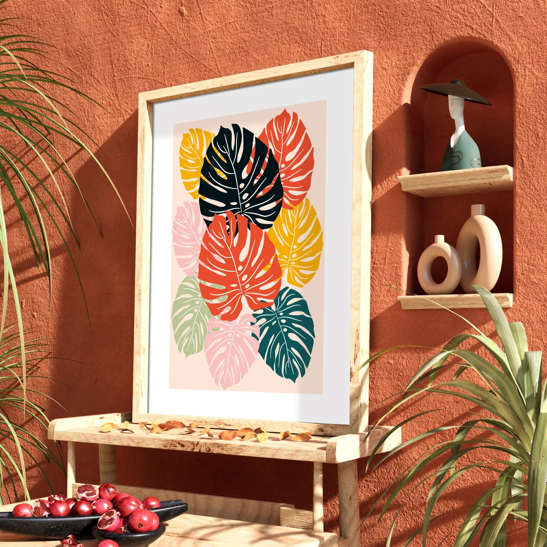 Renkli Soyut Monstera Doğal Ahşap Çerçeveli Tablo Sanat İç Mekan Yatak Koridor Ofis