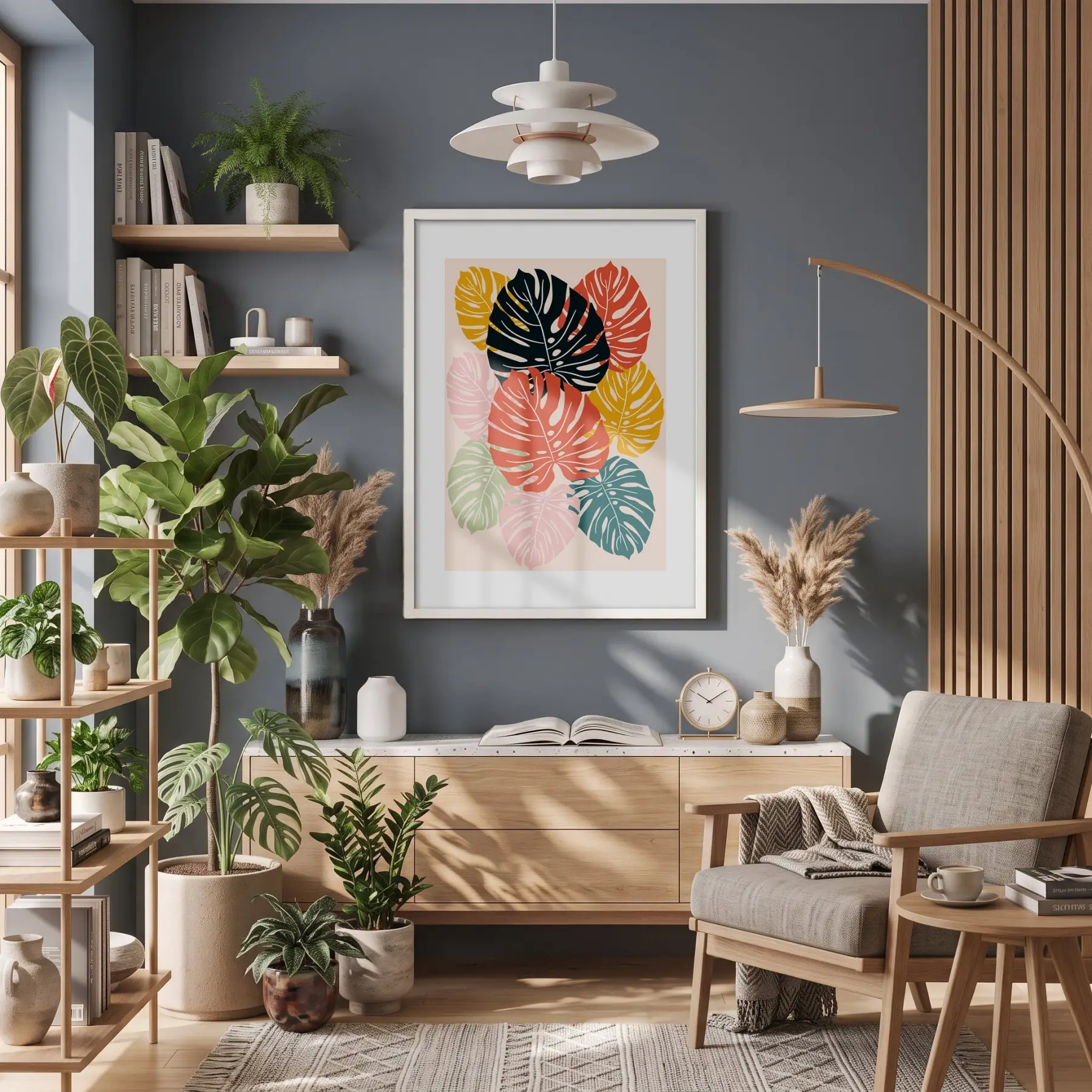 Renkli Soyut Monstera Beyaz Ahşap Çerçeveli Tablo Dekoru Poster Obje Ev Aksesuarları Modern