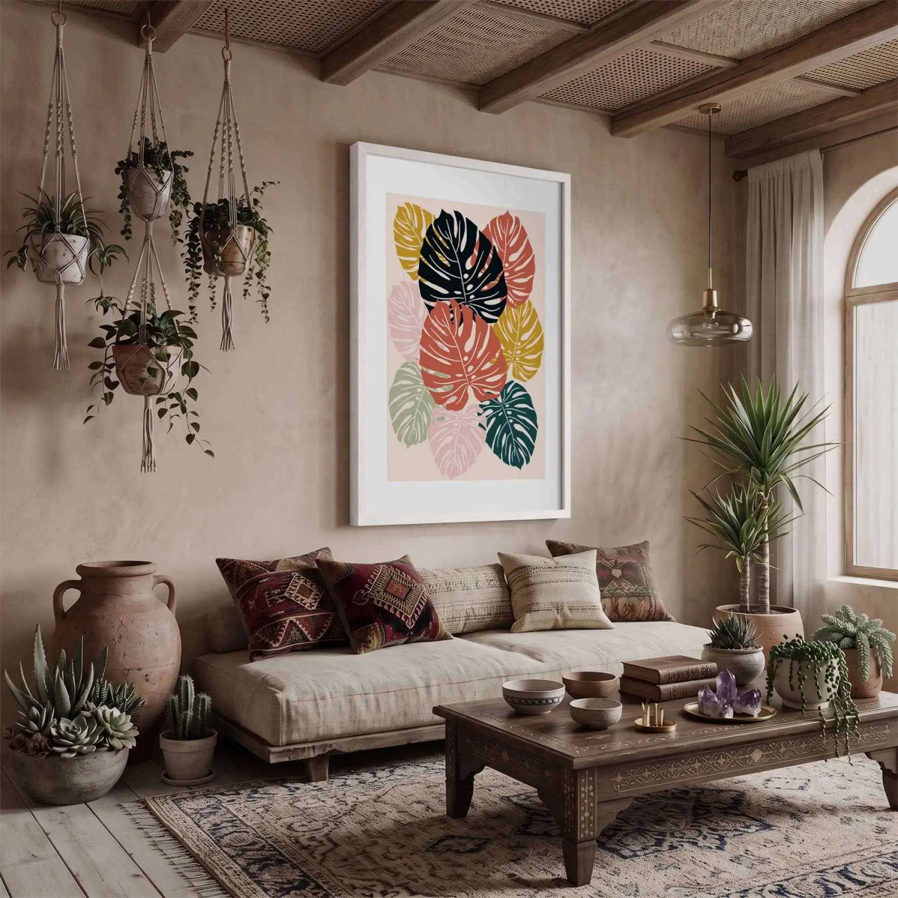 Renkli Soyut Monstera Beyaz Ahşap Çerçeveli Tablo Dekoru Poster Obje Ev Aksesuarları Modern