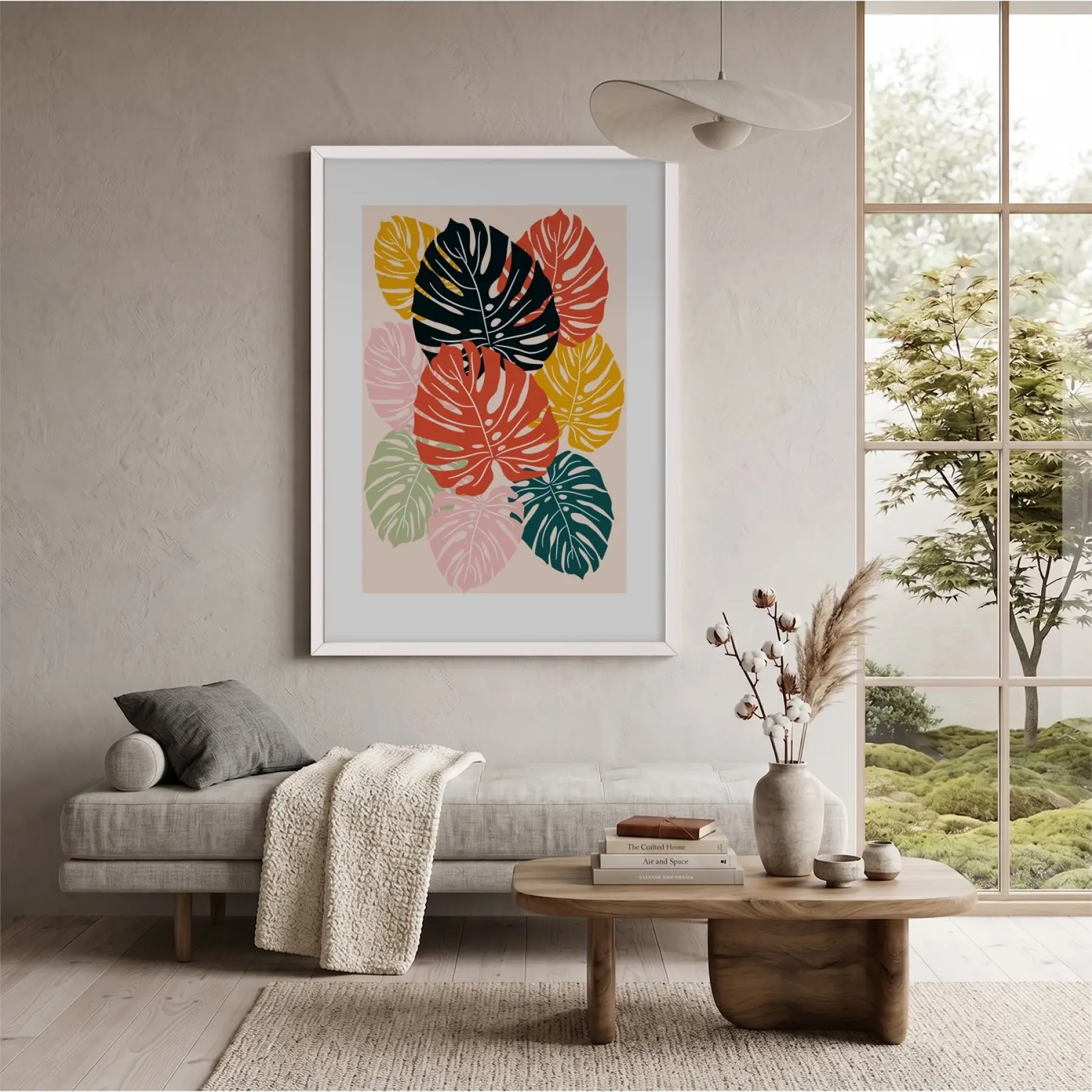 Renkli Soyut Monstera Beyaz Ahşap Çerçeveli Tablo Dekoru Poster Obje Ev Aksesuarları Modern