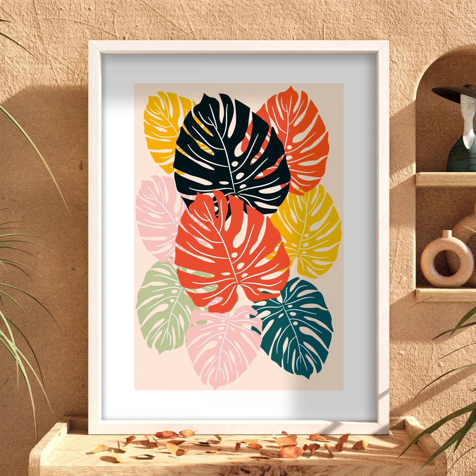 Renkli Soyut Monstera Beyaz Ahşap Çerçeveli Tablo Dekoru Poster Obje Ev Aksesuarları Modern