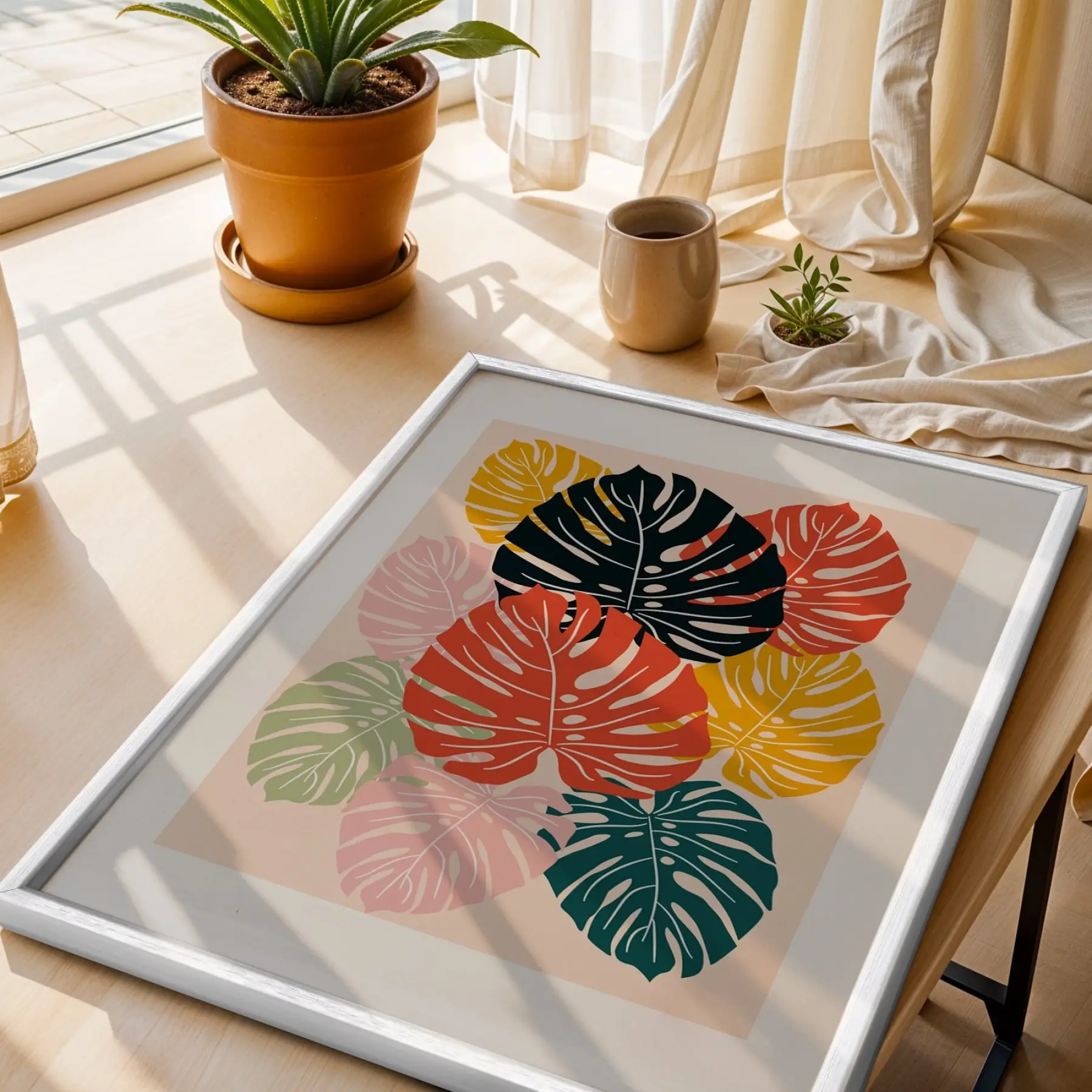 Renkli Soyut Monstera Beyaz Ahşap Çerçeveli Tablo Dekoru Poster Obje Ev Aksesuarları Modern