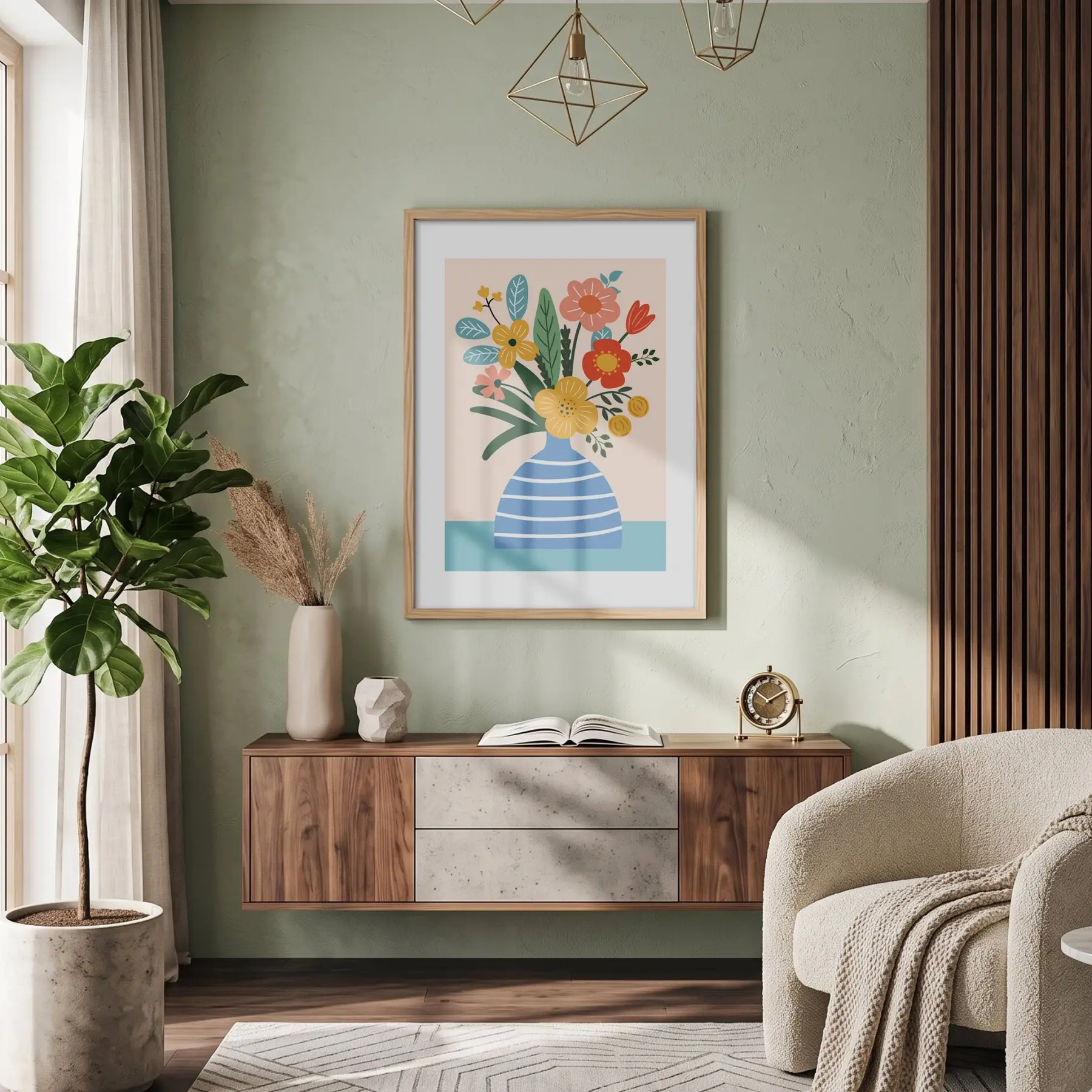 Pastel Vazo Çiçek Tablosu Doğal Ahşap Çerçeveli Bohem Salon Oturma Odası Duvar Dekoru
