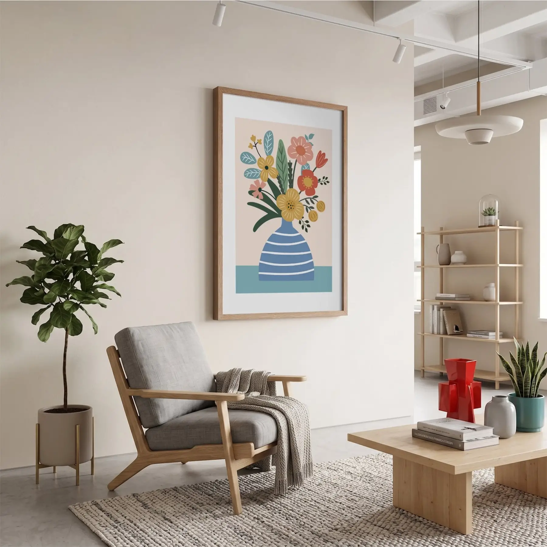 Pastel Vazo Çiçek Tablosu Doğal Ahşap Çerçeveli Bohem Salon Oturma Odası Duvar Dekoru