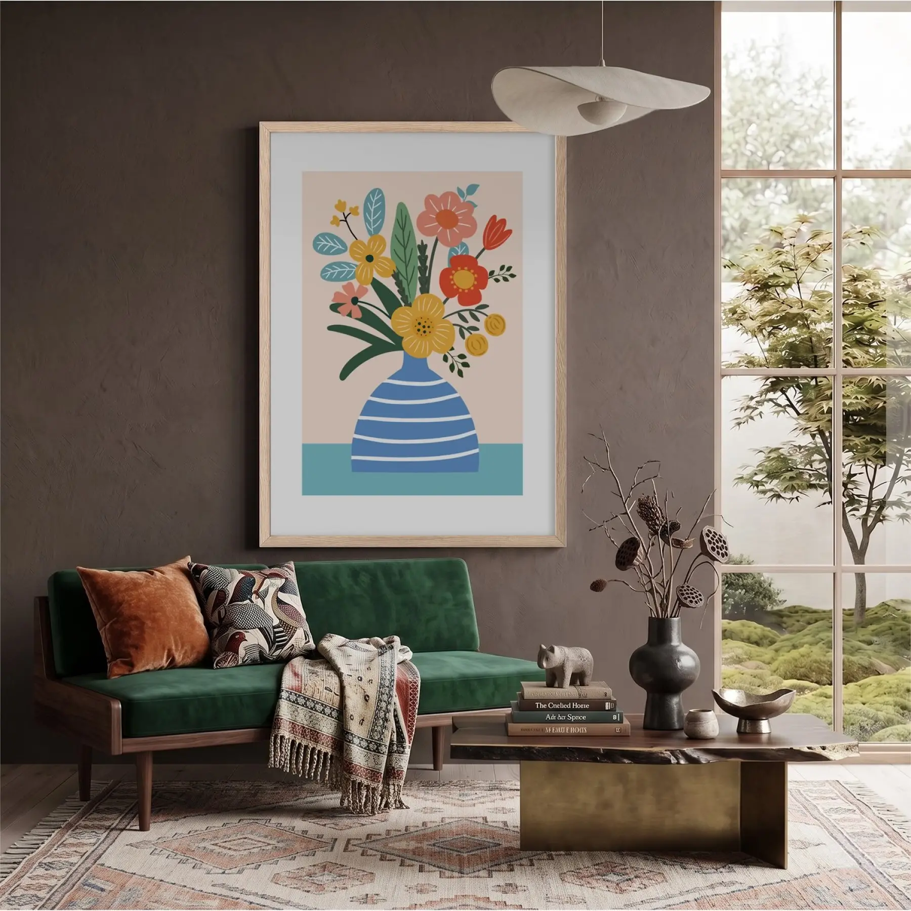 Pastel Vazo Çiçek Tablosu Doğal Ahşap Çerçeveli Bohem Salon Oturma Odası Duvar Dekoru