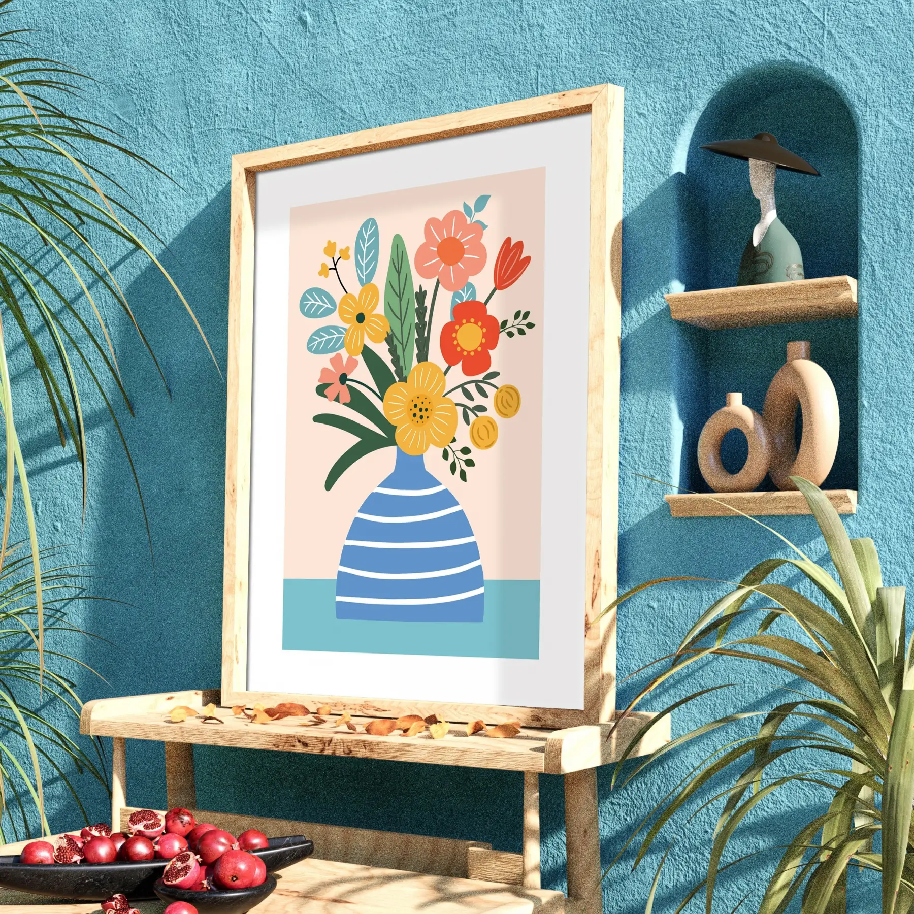 Pastel Vazo Çiçek Tablosu Doğal Ahşap Çerçeveli Bohem Salon Oturma Odası Duvar Dekoru