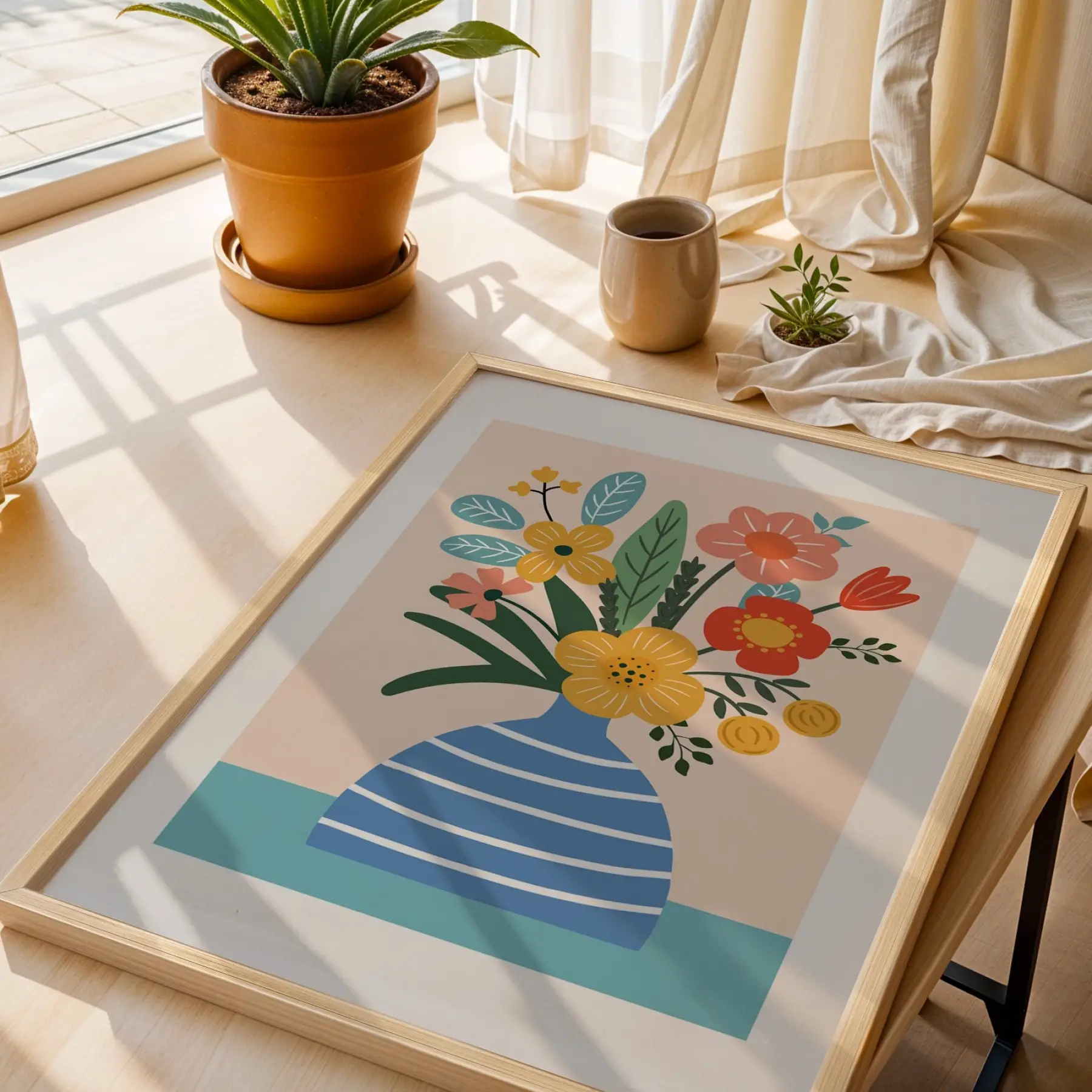 Pastel Vazo Çiçek Tablosu Doğal Ahşap Çerçeveli Bohem Salon Oturma Odası Duvar Dekoru