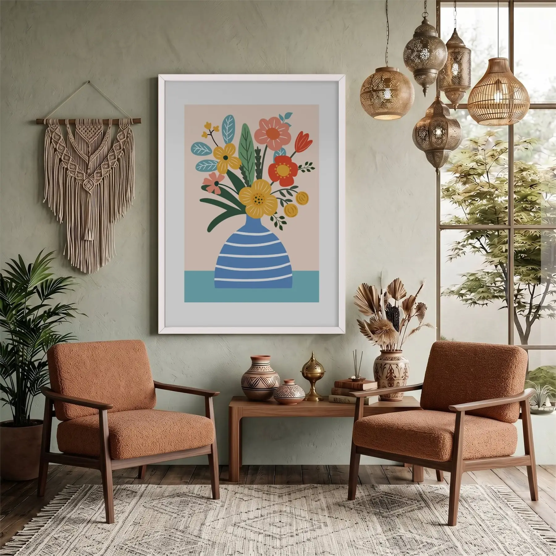 Pastel Vazo Çiçek Tablosu Beyaz Ahşap Çerçeveli Bohem Dekoratif Obje Ev Aksesuarları Modern