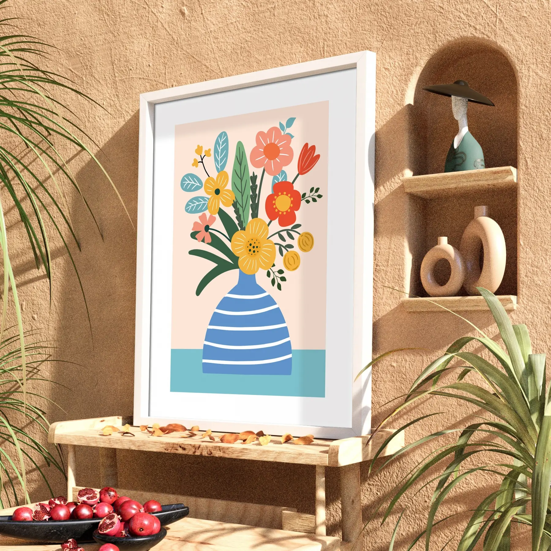 Pastel Vazo Çiçek Tablosu Beyaz Ahşap Çerçeveli Bohem Dekoratif Obje Ev Aksesuarları Modern