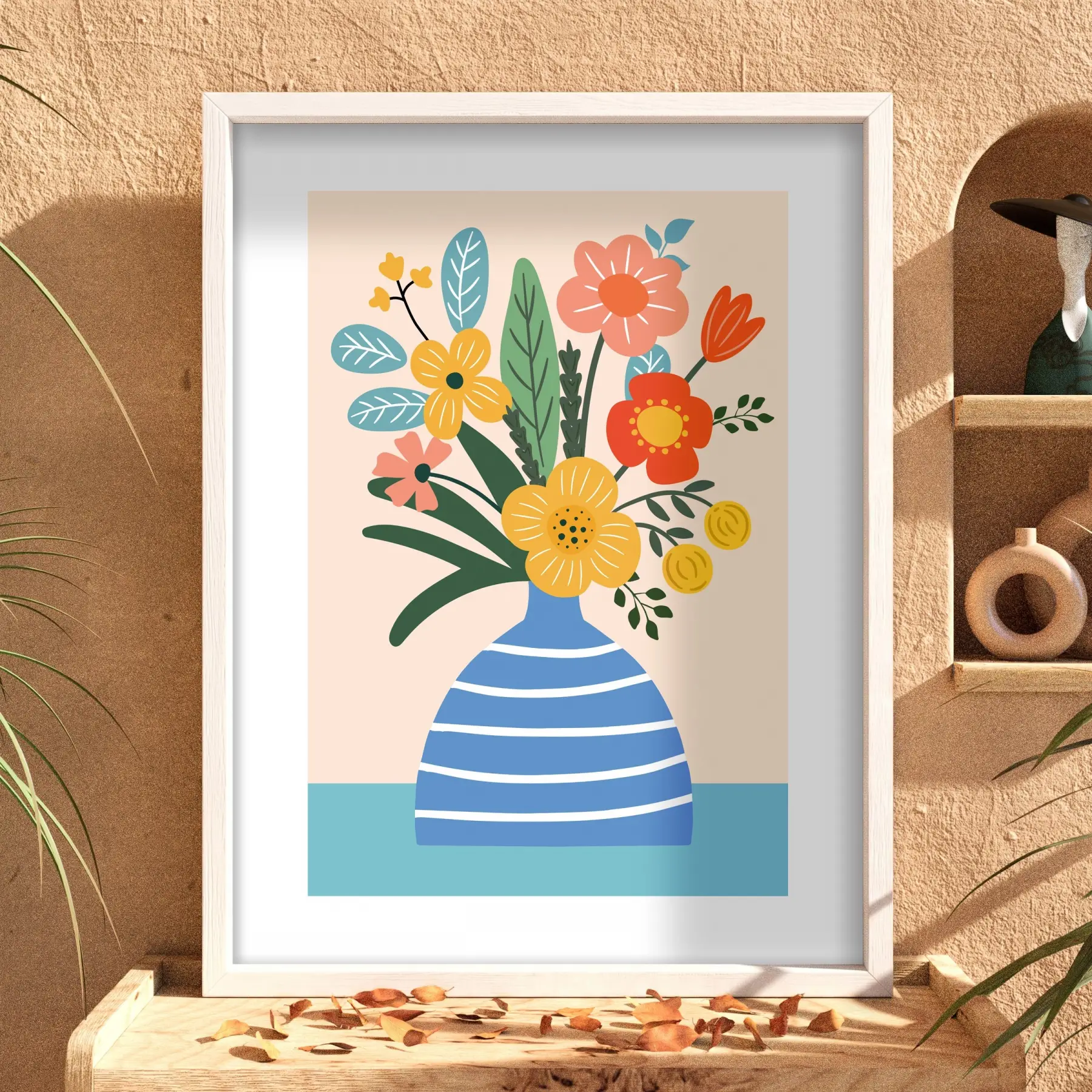 Pastel Vazo Çiçek Tablosu Beyaz Ahşap Çerçeveli Bohem Dekoratif Obje Ev Aksesuarları Modern