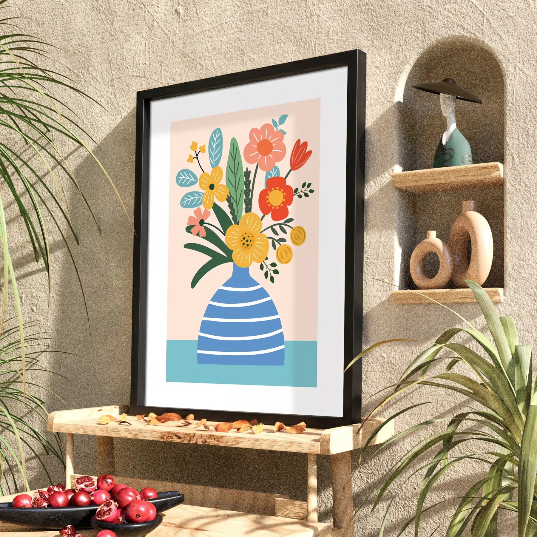 Pastel Vazo Çiçek Tablosu Siyah Ahşap Çerçeveli Bohem Dekoru Poster Obje Ev Aksesuarları