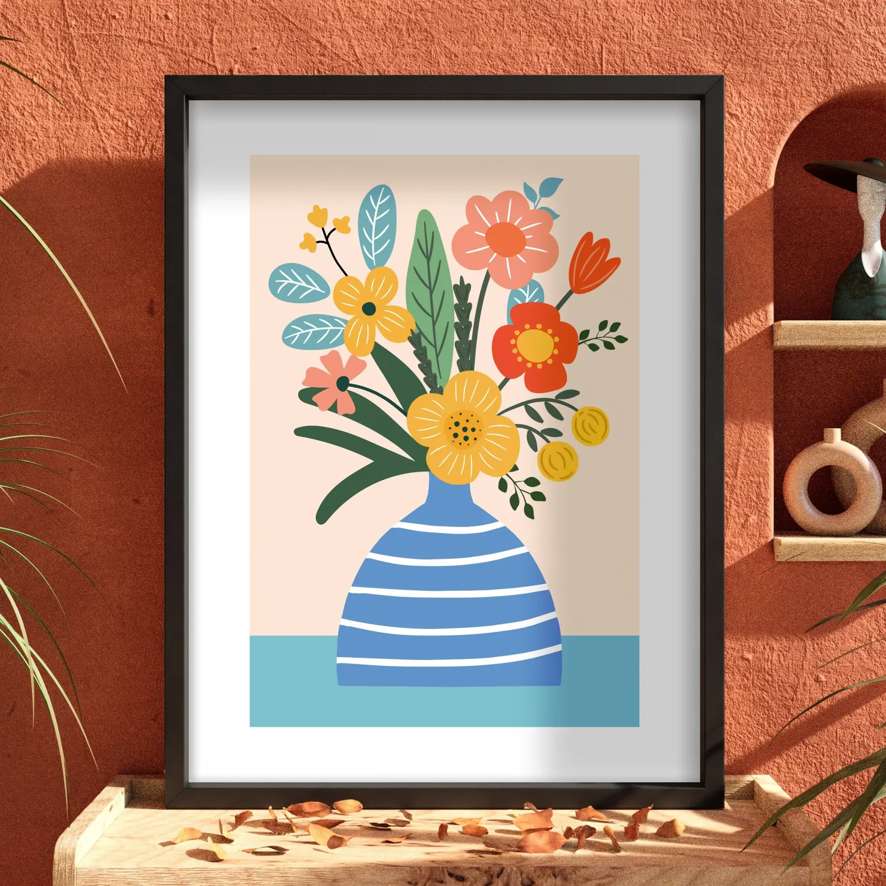 Pastel Vazo Çiçek Tablosu Siyah Ahşap Çerçeveli Bohem Dekoru Poster Obje Ev Aksesuarları