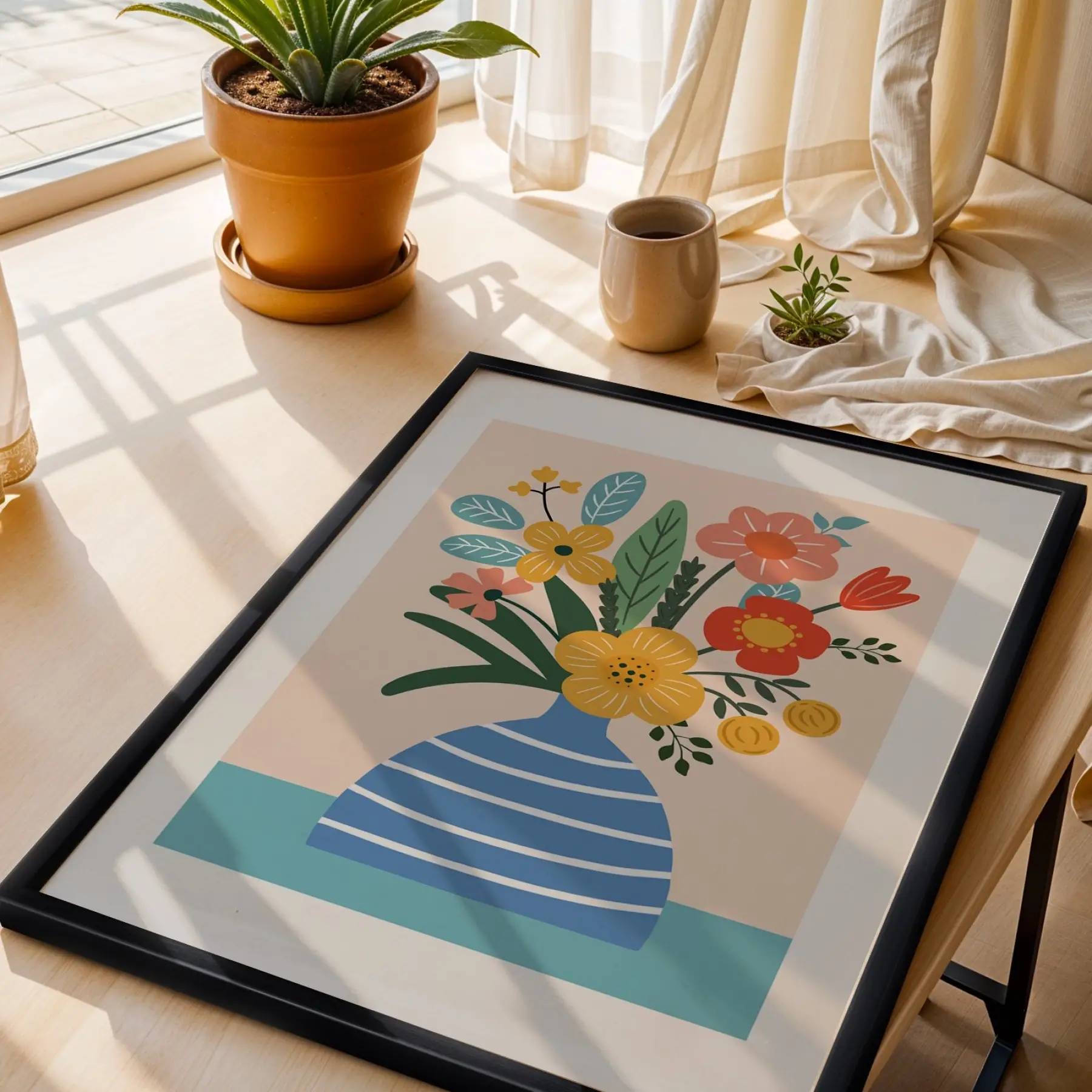 Pastel Vazo Çiçek Tablosu Siyah Ahşap Çerçeveli Bohem Dekoru Poster Obje Ev Aksesuarları