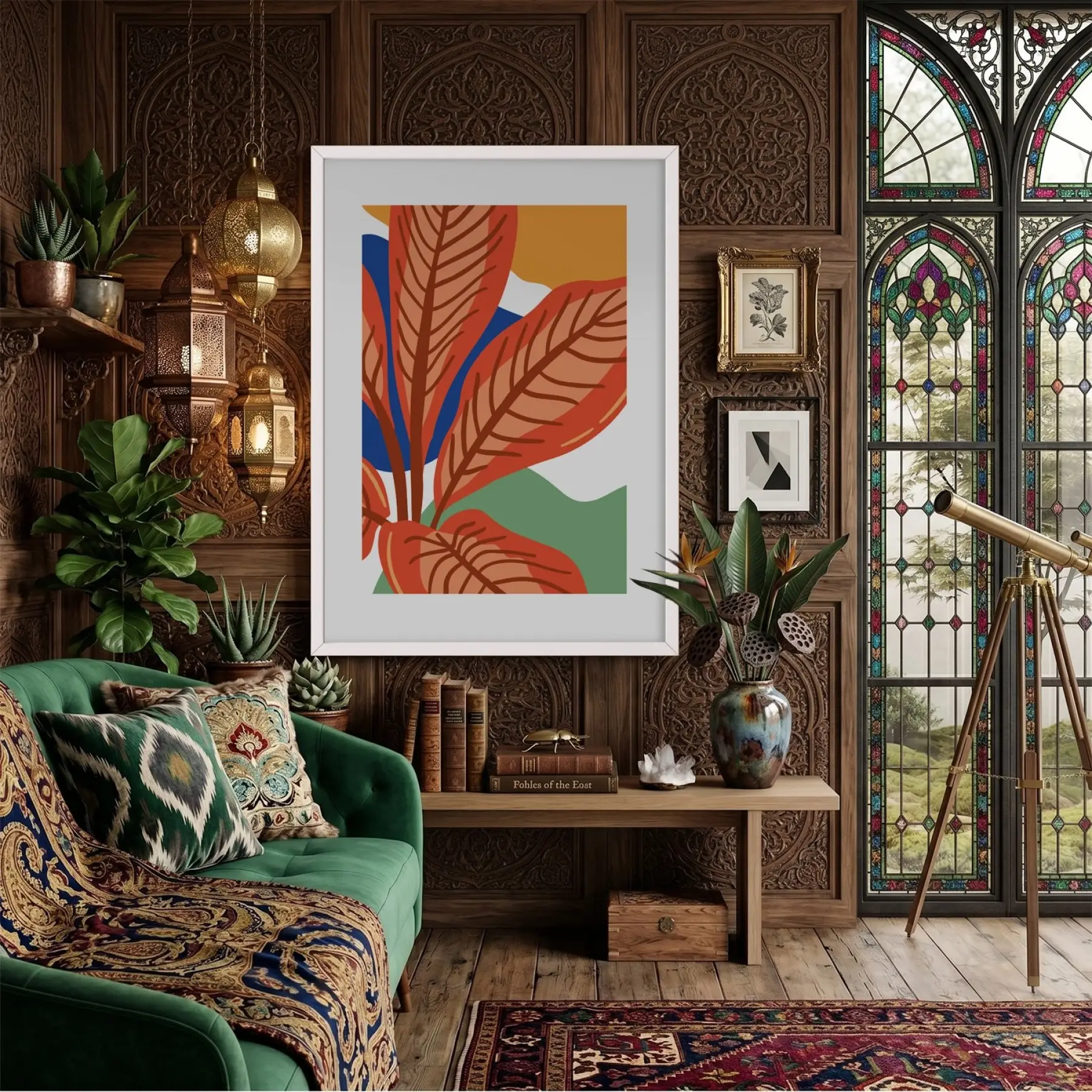 Sıcak Botanik Yapraklar Beyaz Ahşap Çerçeveli Tablo Bohem Ev Aksesuarları Modern Sanat İç