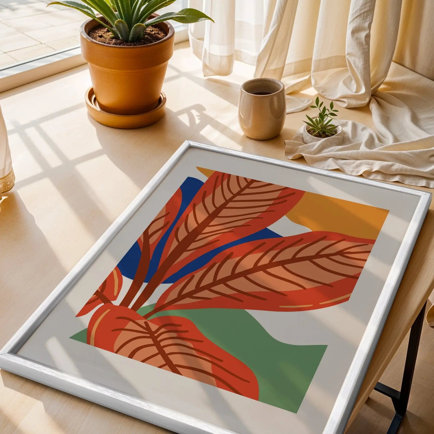 Sıcak Botanik Yapraklar Beyaz Ahşap Çerçeveli Tablo Bohem Ev Aksesuarları Modern Sanat İç