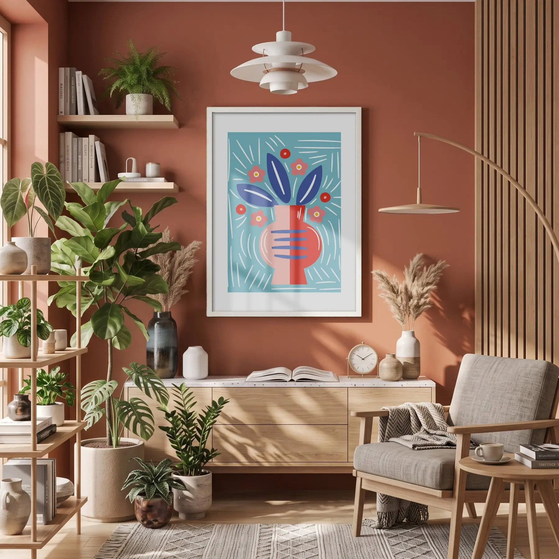 Mavi Zeminli Modern Vazo Beyaz Ahşap Çerçeveli Tablo Oturma Odası Duvar Dekoru Poster