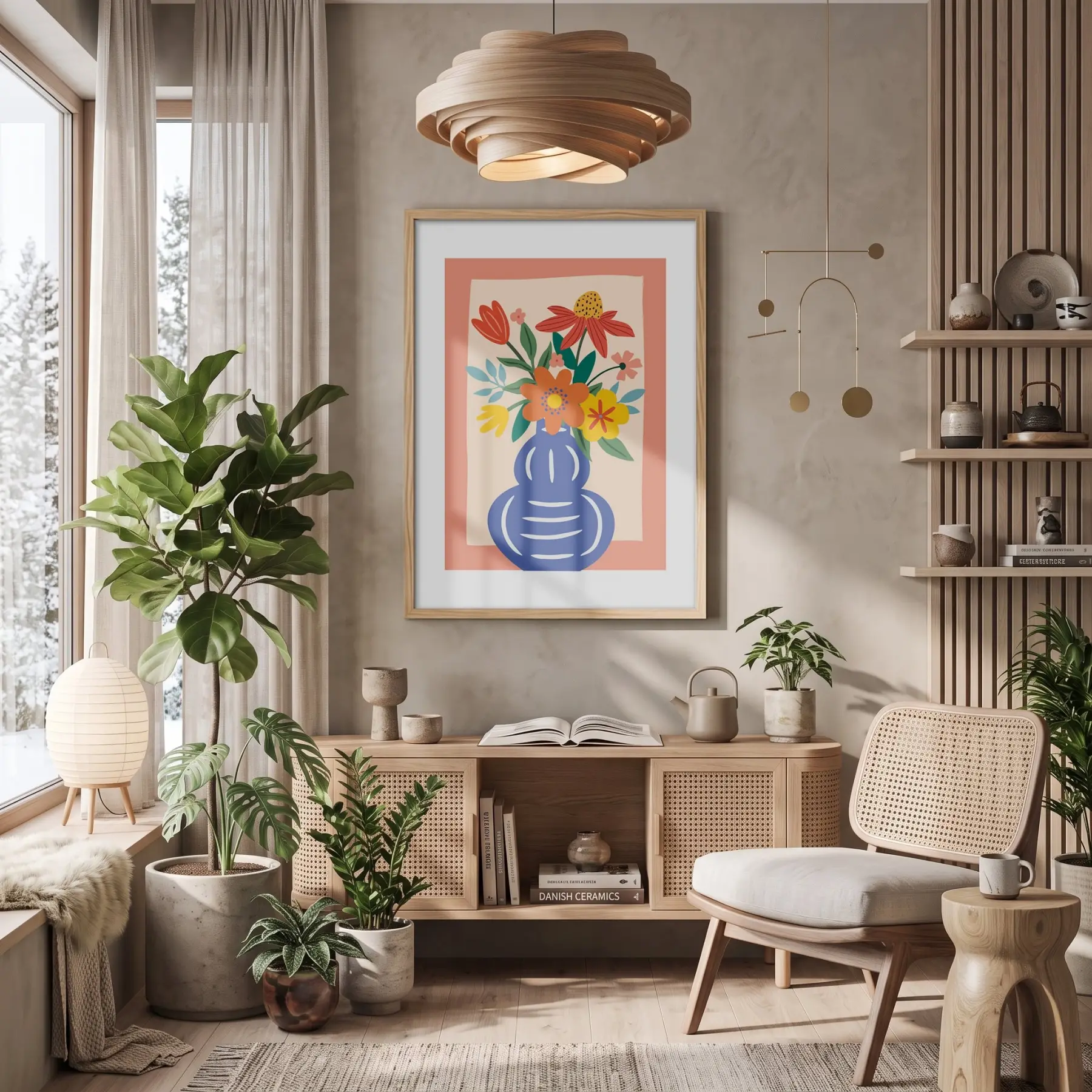 Mavi Vazoda Canlı Çiçekler Doğal Ahşap Çerçeveli Tablo Bohem Odası Duvar Dekoru Poster