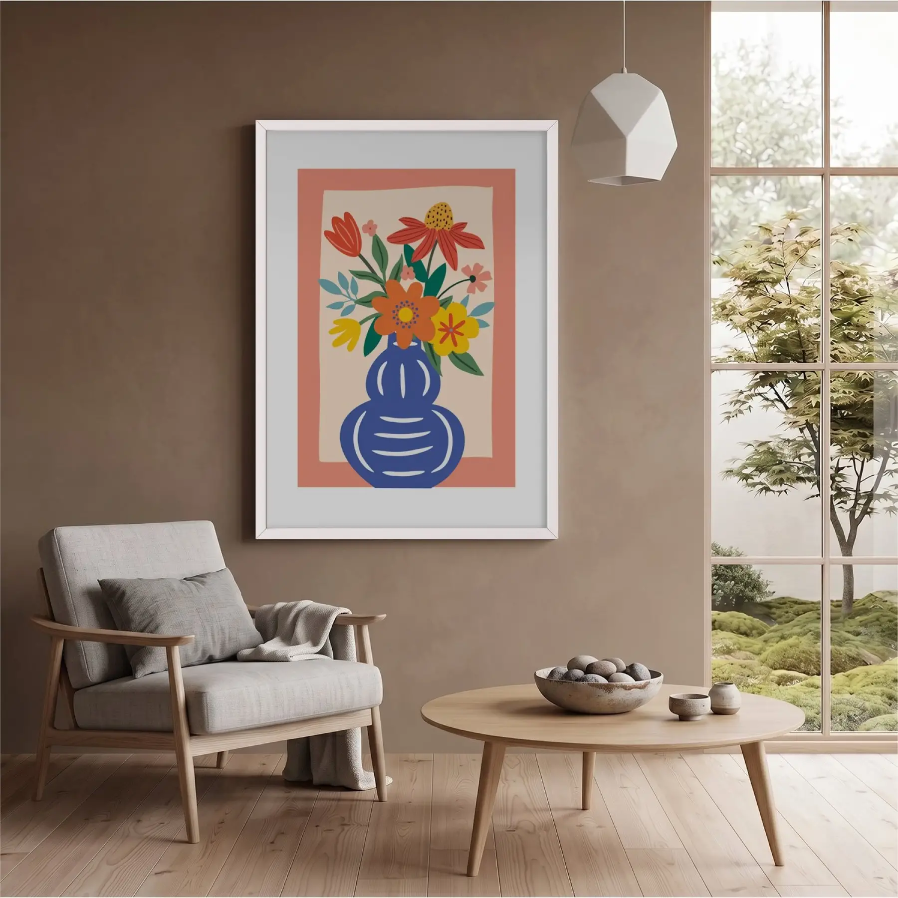 Mavi Vazoda Canlı Çiçekler Beyaz Ahşap Çerçeveli Tablo Bohem Dekoru Poster Obje Ev