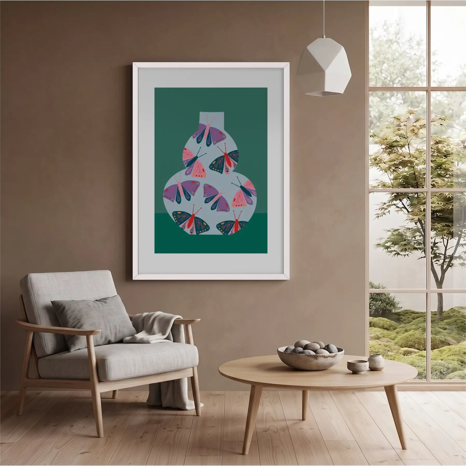 Petrol Kelebek Vazo Beyaz Ahşap Çerçeveli Tablo Dekorasyonu Poster Obje Ev Aksesuarları Modern