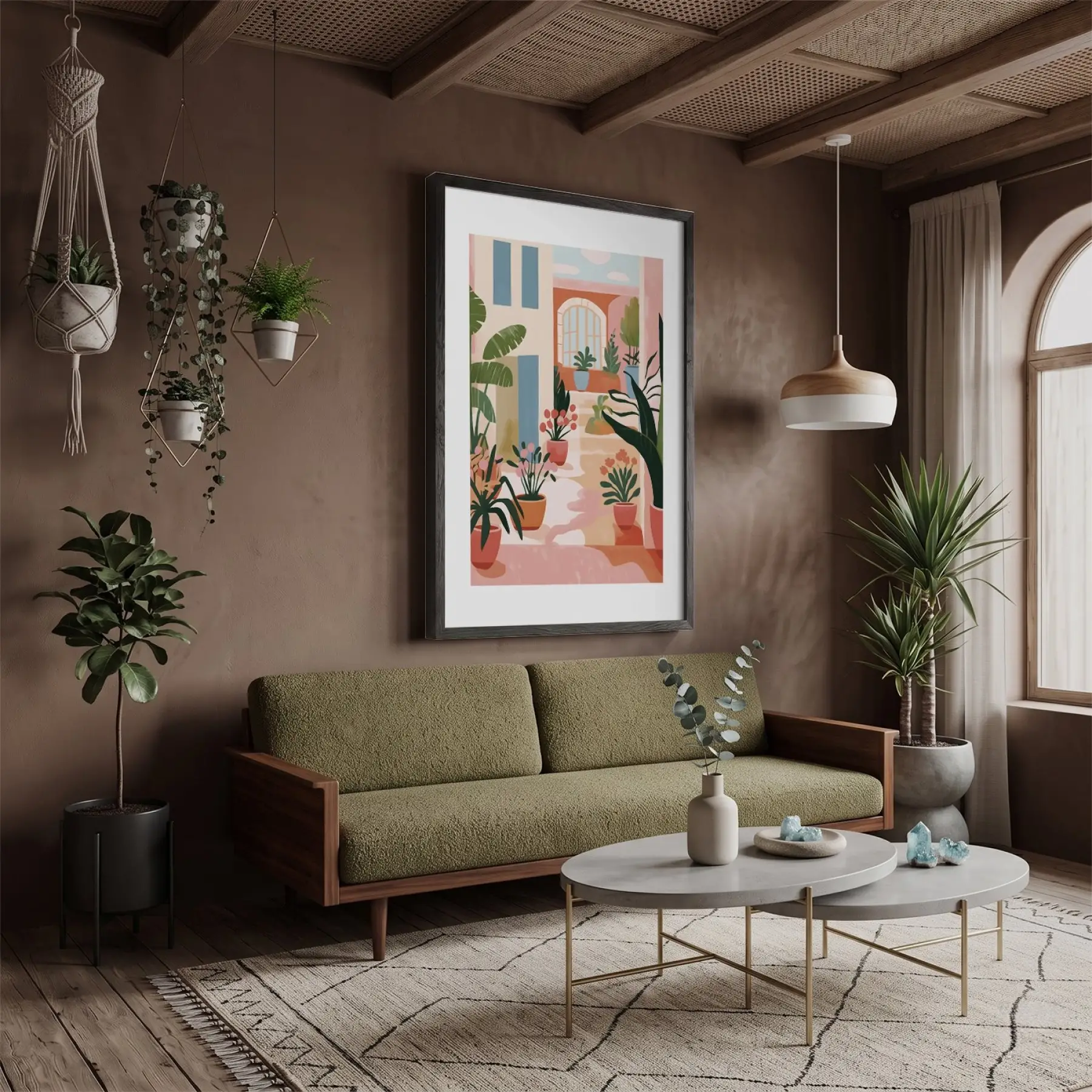 Saksılı Akdeniz Avlusu Siyah Ahşap Çerçeveli Tablo Modern Sanat İç Mekan Yatak Koridor