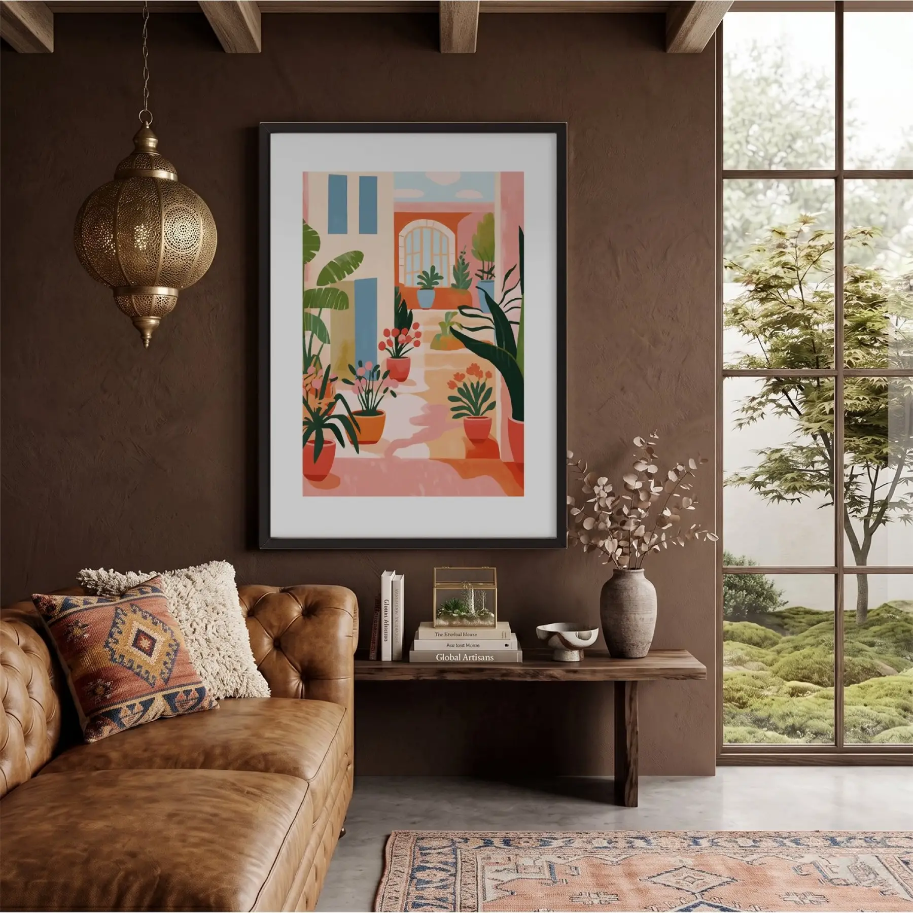 Saksılı Akdeniz Avlusu Siyah Ahşap Çerçeveli Tablo Modern Sanat İç Mekan Yatak Koridor