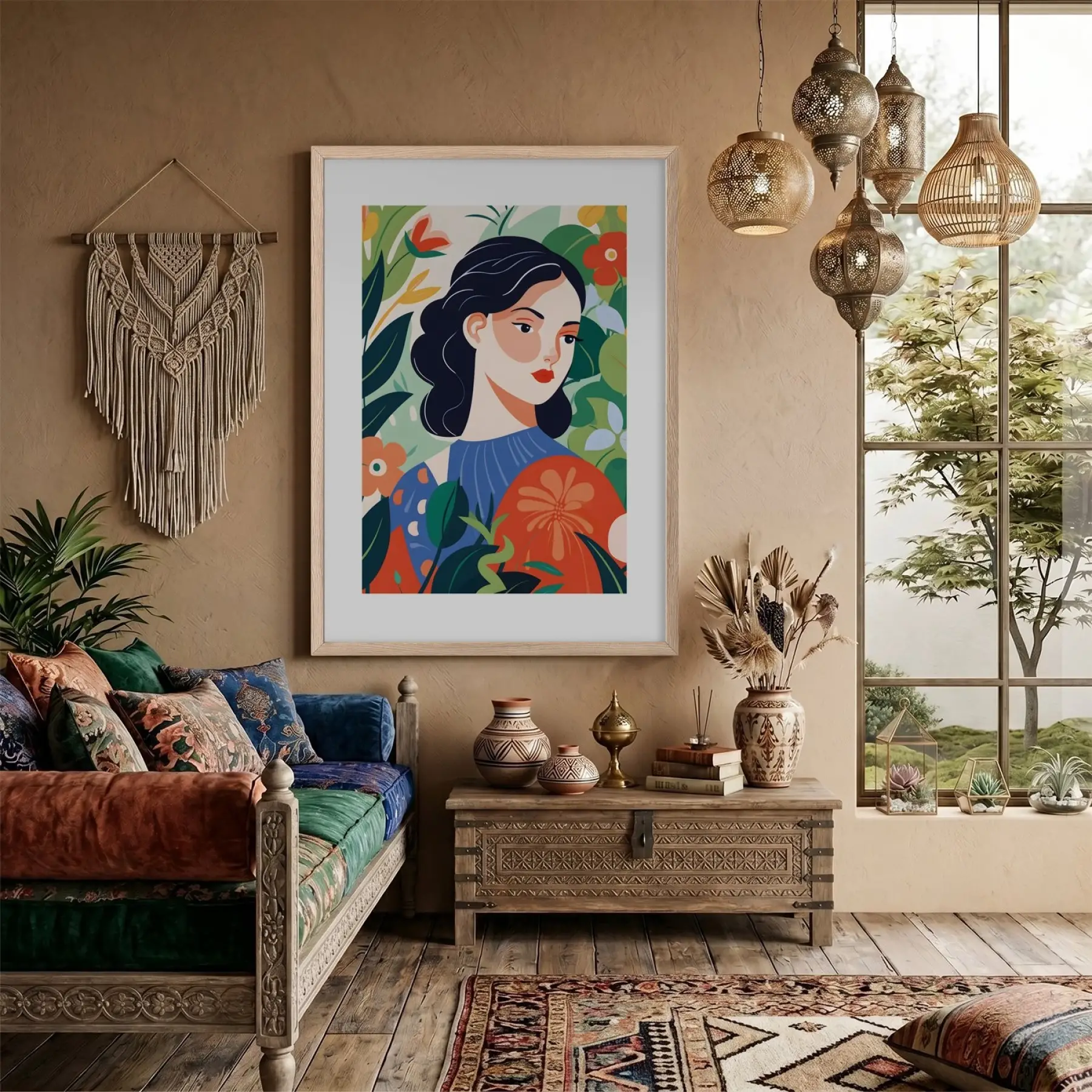 Tropik Çiçekli Kadın Portre Doğal Ahşap Çerçeveli Tablo Bohem Duvar Dekoru Poster Obje